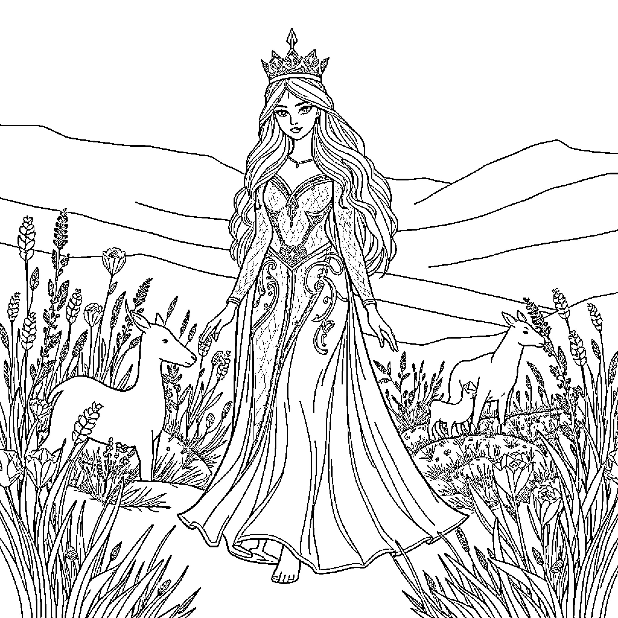 Snow Queen in Enchanted Winter Landscape Coloring Page (free black-and-white line drawing printable PDF for all, from beginners to advanced learners, including children, teens, adults, and seniors)