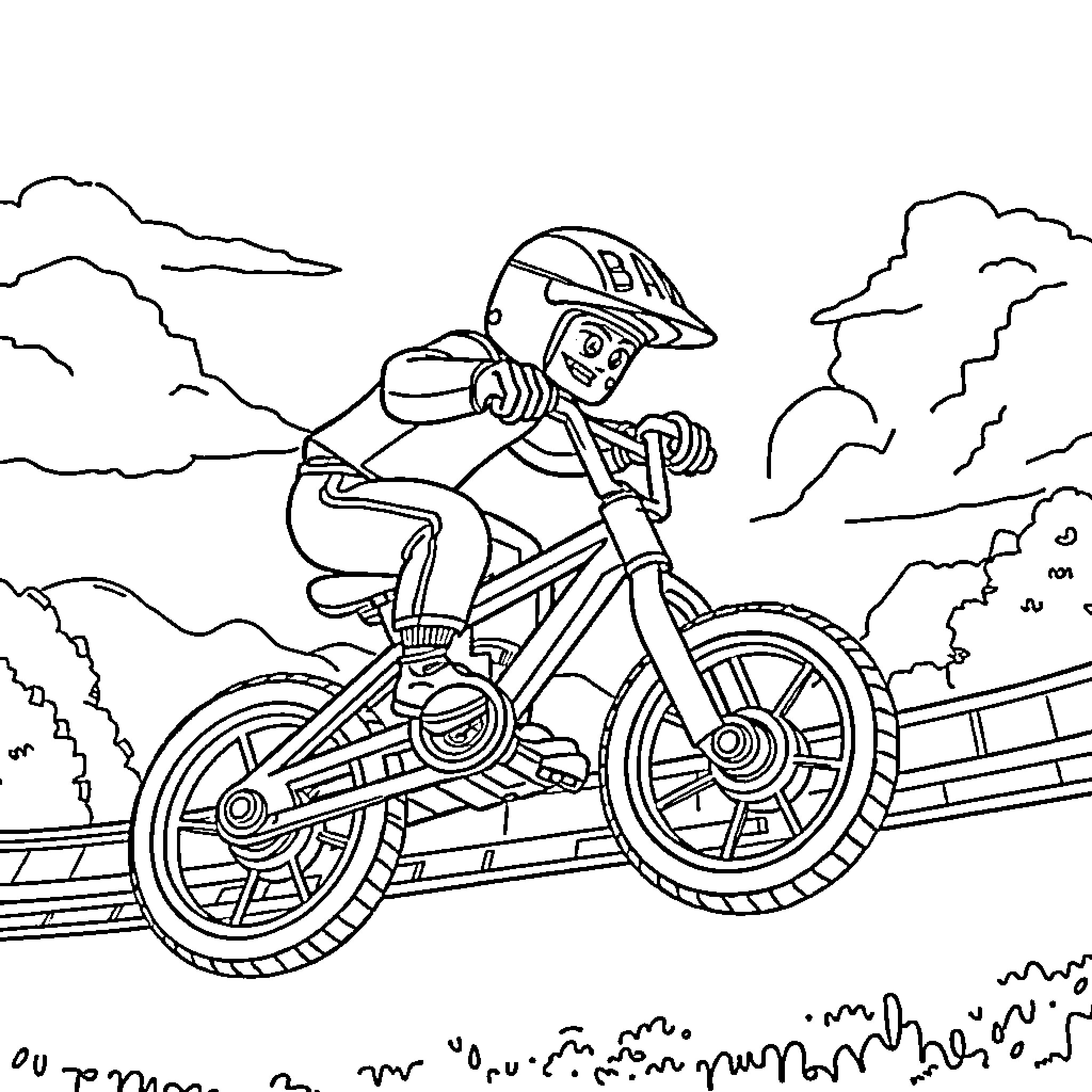 BMX Racer speeding down a track with action and determination Coloring Page (free black-and-white line drawing printable PDF for all, from beginners to advanced learners, including children, teens, adults, and seniors)