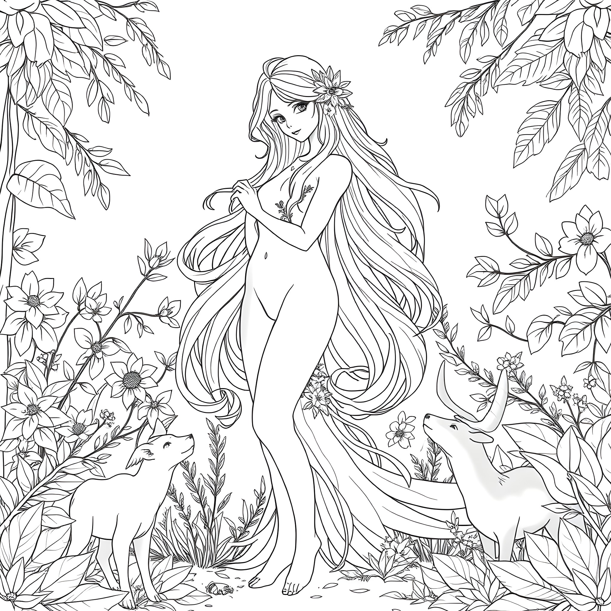 Furry woman in floral fantasy forest Coloring Page (free black-and-white line drawing printable PDF for all, from beginners to advanced learners, including children, teens, adults, and seniors)