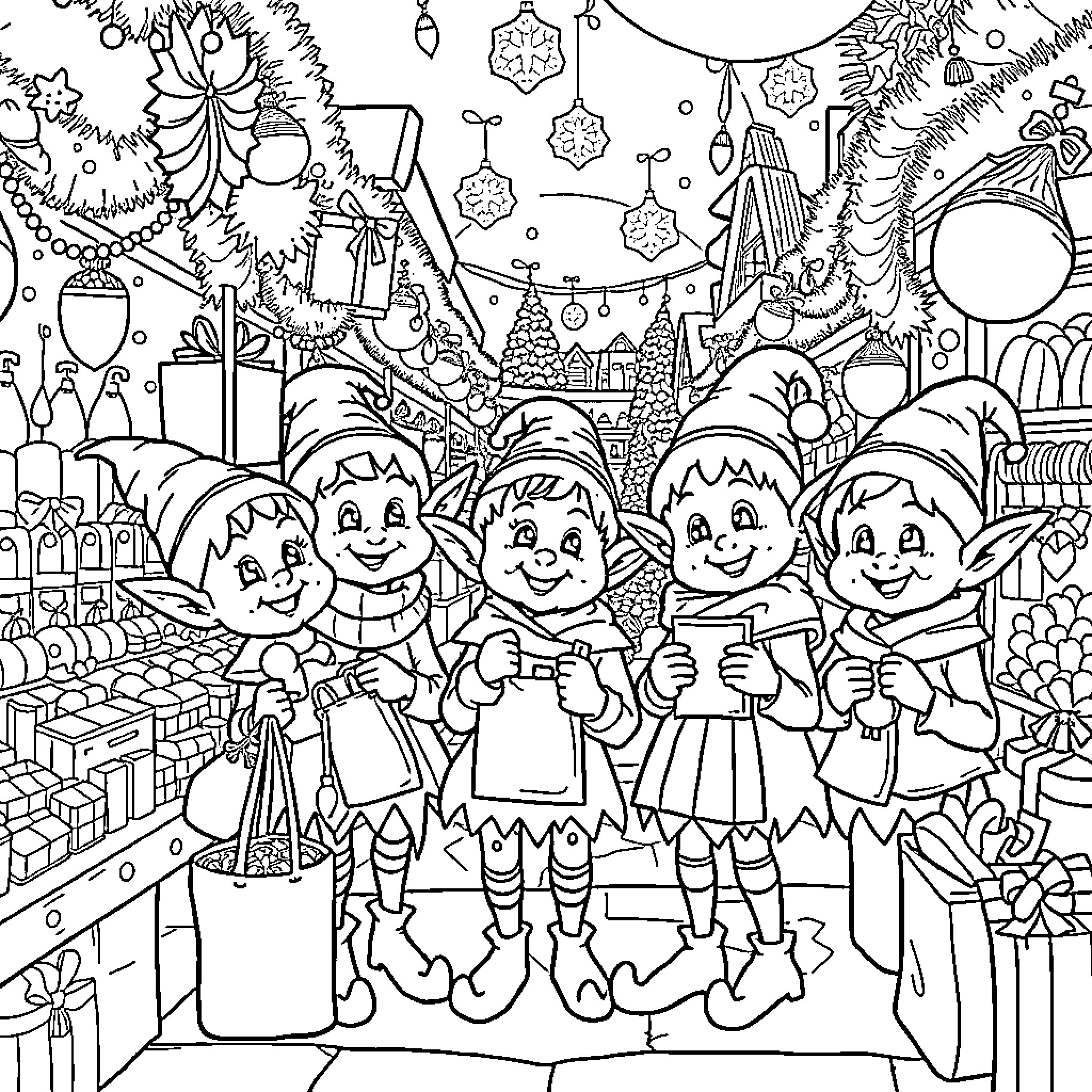 Elf Helpers Preparing for a Festive Celebration Coloring Page (free black-and-white line drawing printable PDF for all, from beginners to advanced learners, including children, teens, adults, and seniors)