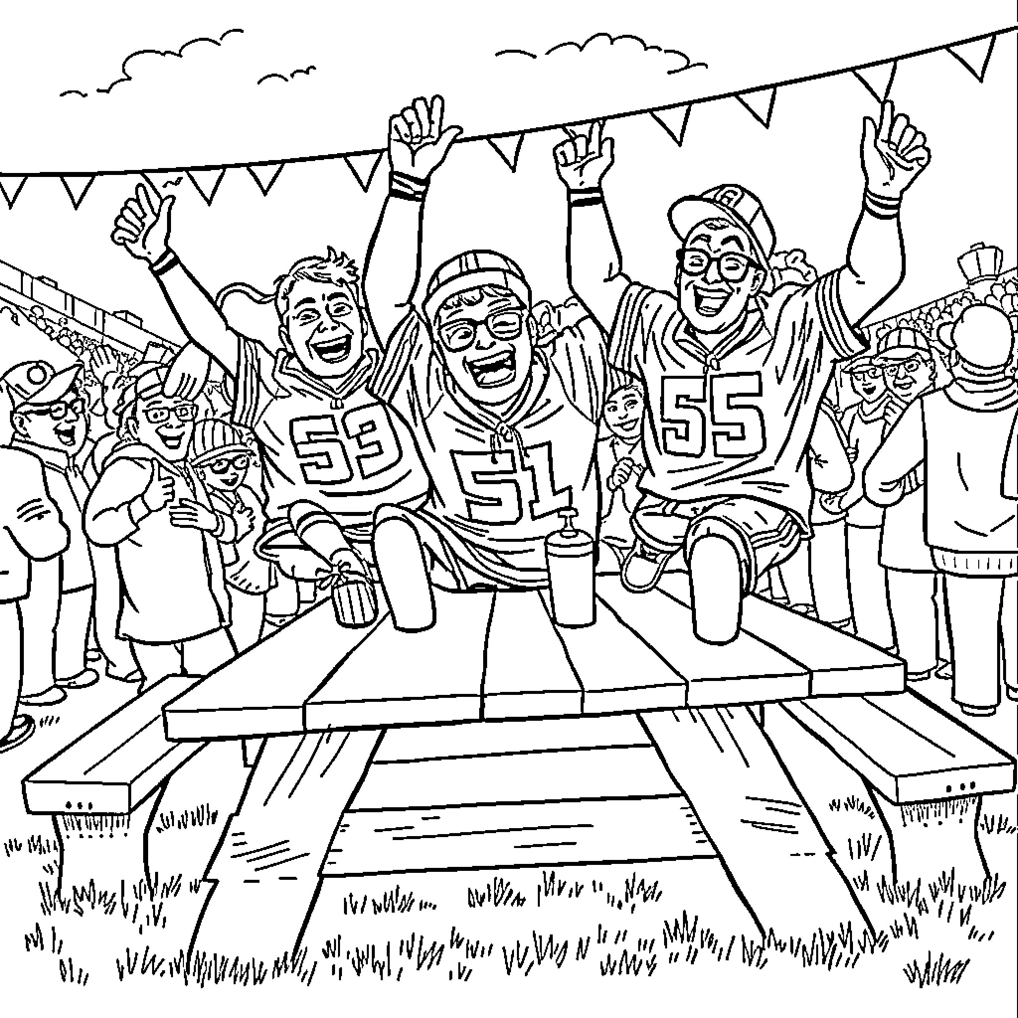 Buffalo Fans Celebrating Excitedly at the Game Coloring Page (free black-and-white line drawing printable PDF for all, from beginners to advanced learners, including children, teens, adults, and seniors)