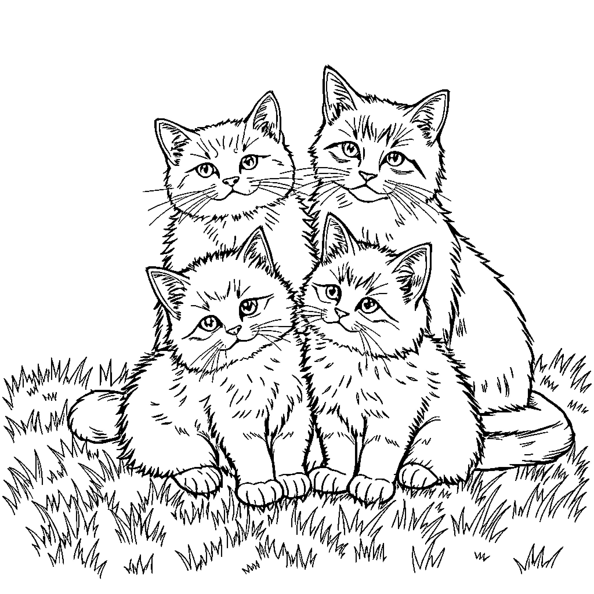 Cat Kittens Sitting Together in Grass Coloring Page (free black-and-white line drawing printable PDF for all, from beginners to advanced learners, including children, teens, adults, and seniors)