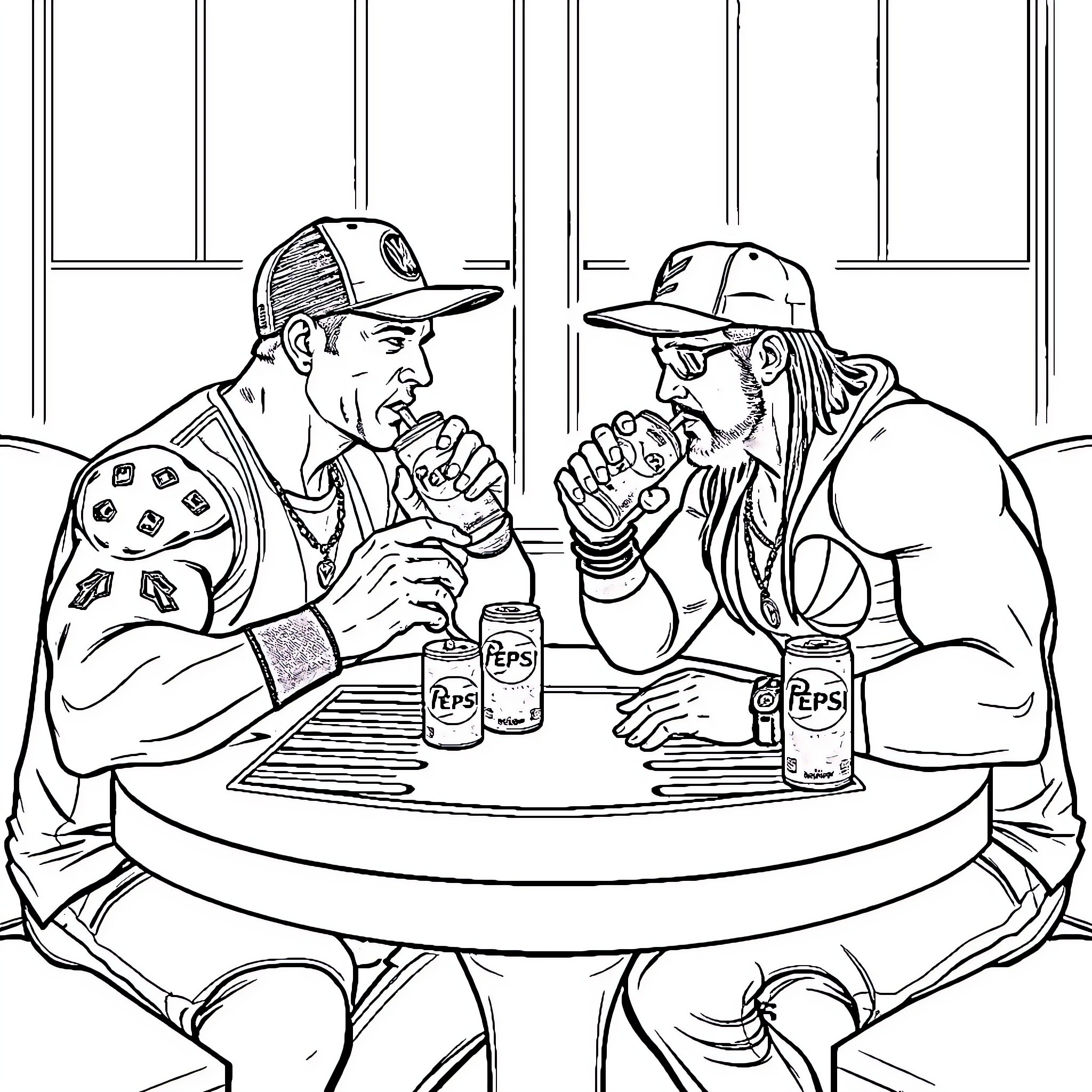 John Cena Sharing Drinks with Fellow Wrestler Coloring Page (free black-and-white line drawing printable PDF for all, from beginners to advanced learners, including children, teens, adults, and seniors)