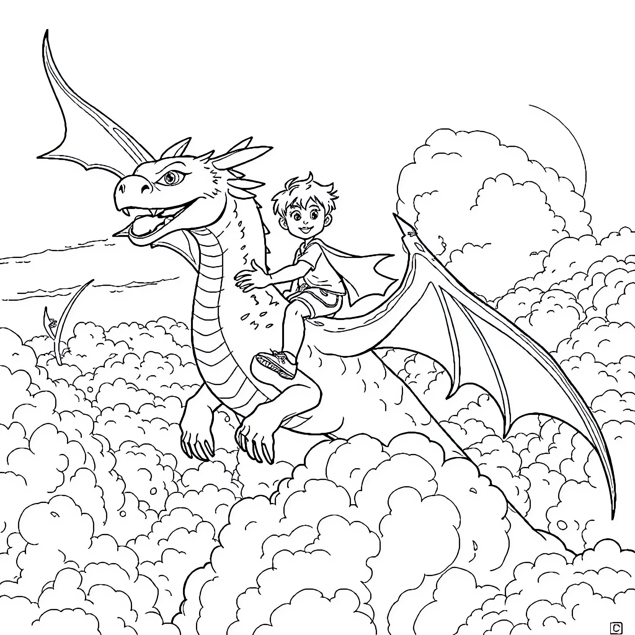 Boy riding a dragon through the clouds Coloring Page (free black-and-white line drawing printable PDF for all, from beginners to advanced learners, including children, teens, adults, and seniors)