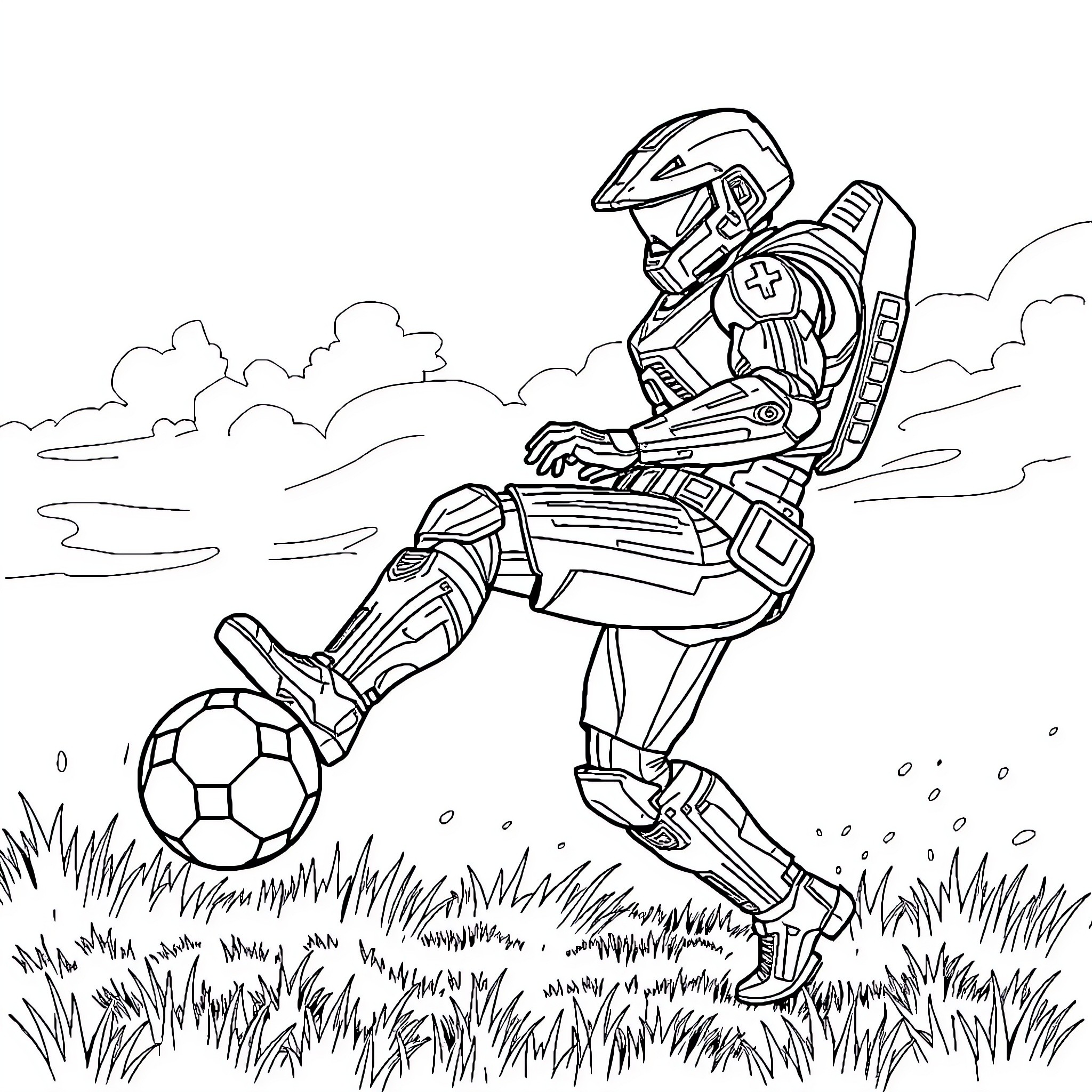 Halo ODST Soldier Playing with Soccer Ball Coloring Page (free black-and-white line drawing printable PDF for all, from beginners to advanced learners, including children, teens, adults, and seniors)