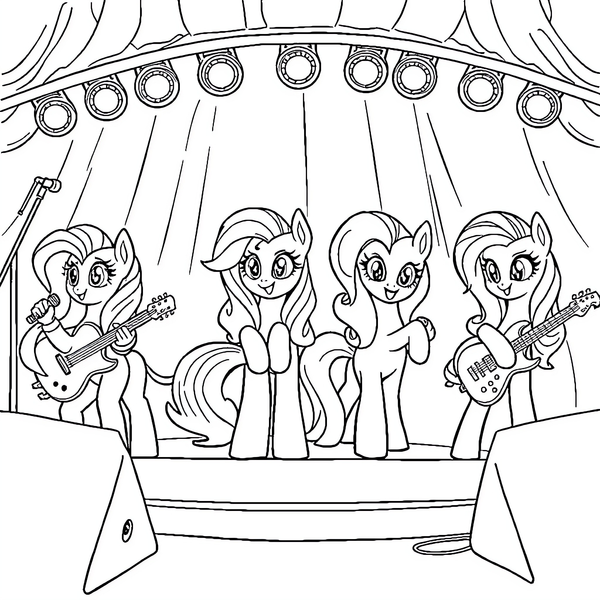 Pony band performing on stage Coloring Page (free black-and-white line drawing printable PDF for all, from beginners to advanced learners, including children, teens, adults, and seniors)