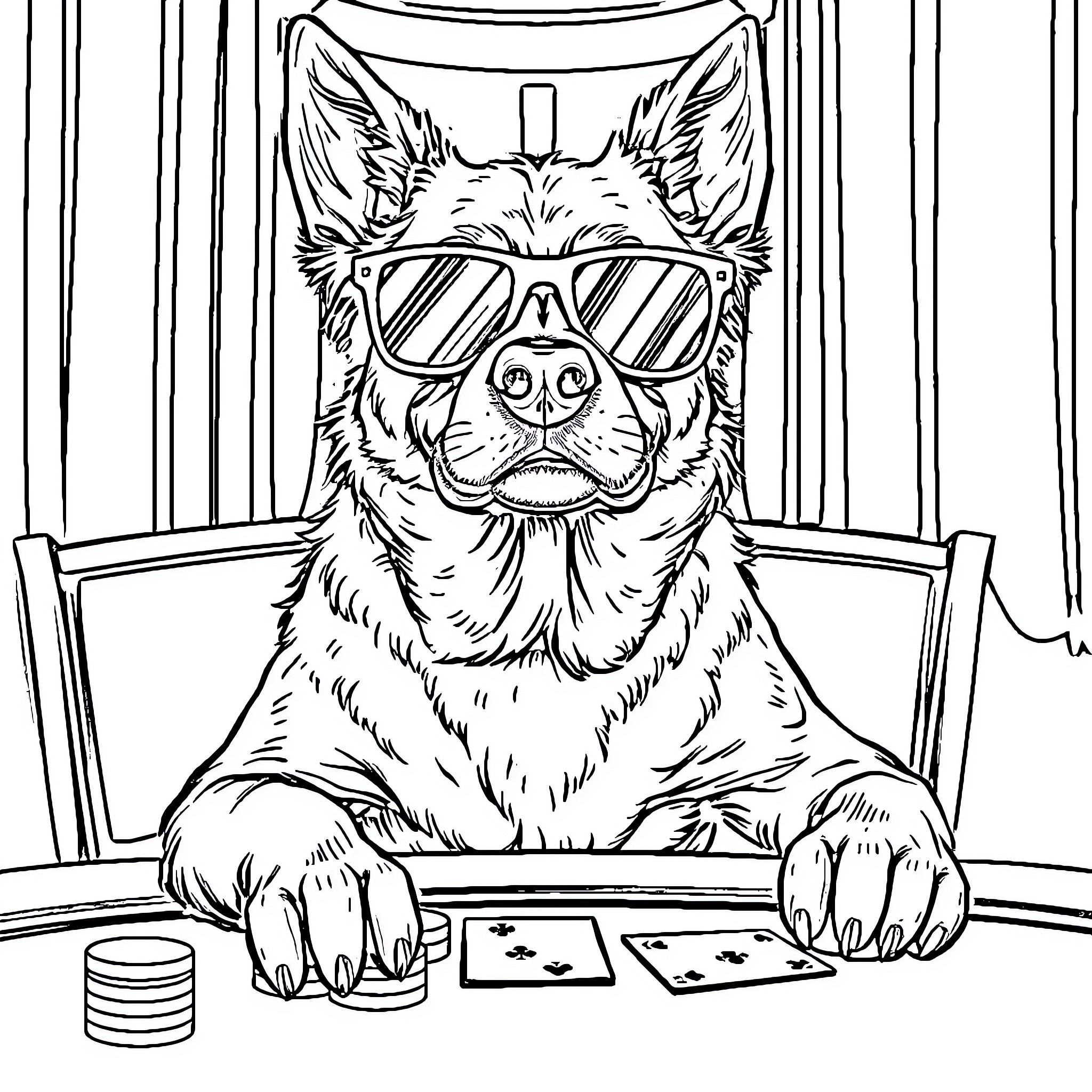 Chien playing poker while wearing sunglasses Coloring Page (free black-and-white line drawing printable PDF for all, from beginners to advanced learners, including children, teens, adults, and seniors)