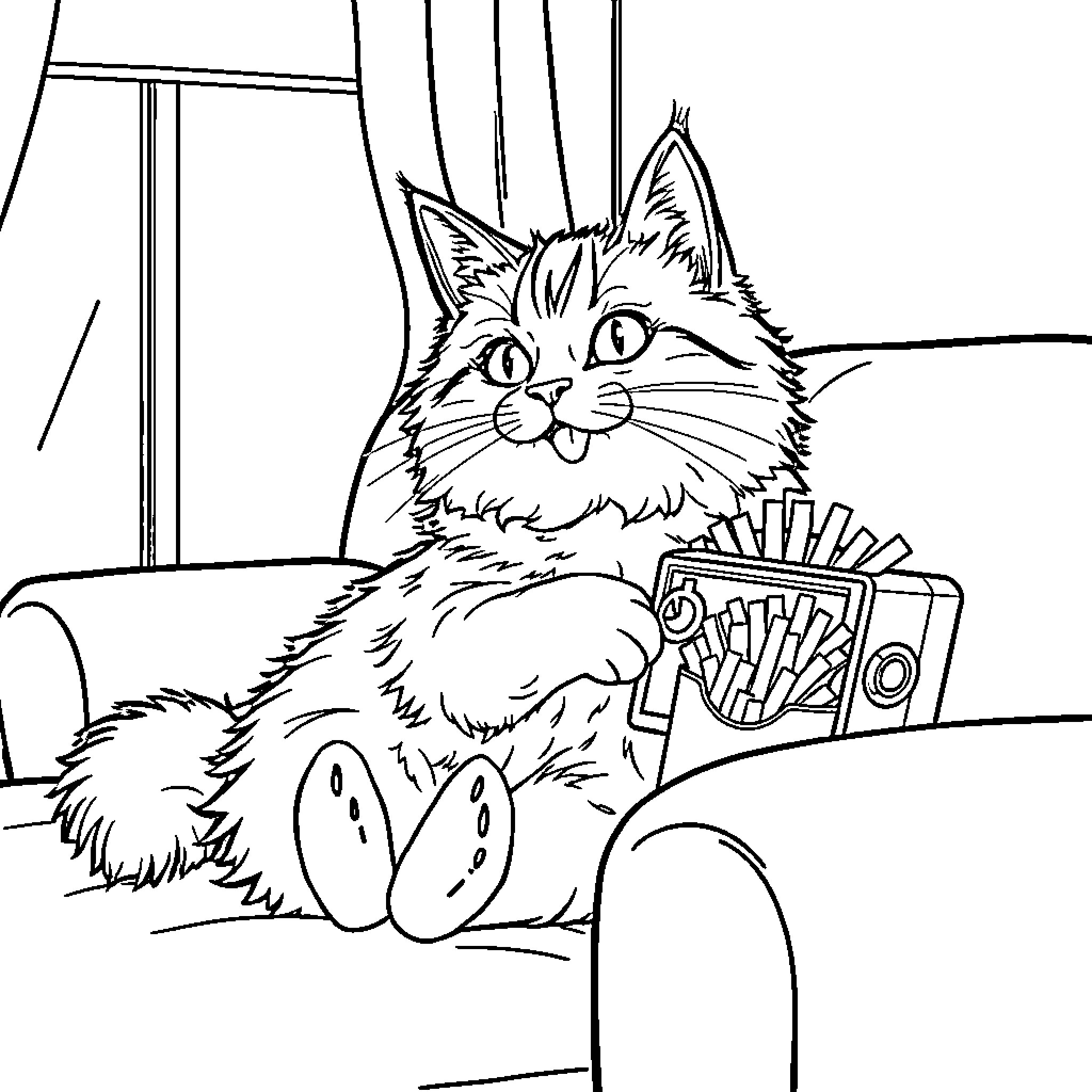 Cat enjoying snacks on the couch Coloring Page (free black-and-white line drawing printable PDF for all, from beginners to advanced learners, including children, teens, adults, and seniors)