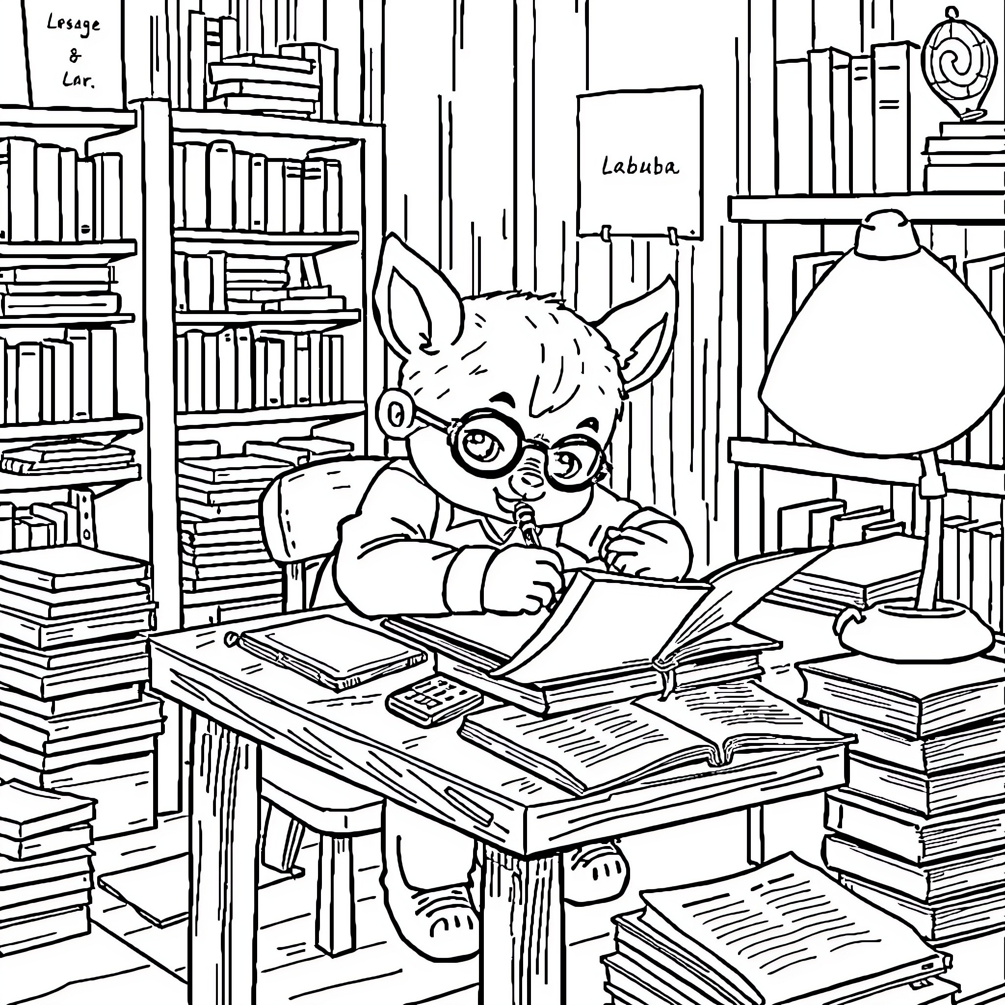 Labubu reading books in a cozy library Coloring Page (free black-and-white line drawing printable PDF for all, from beginners to advanced learners, including children, teens, adults, and seniors)