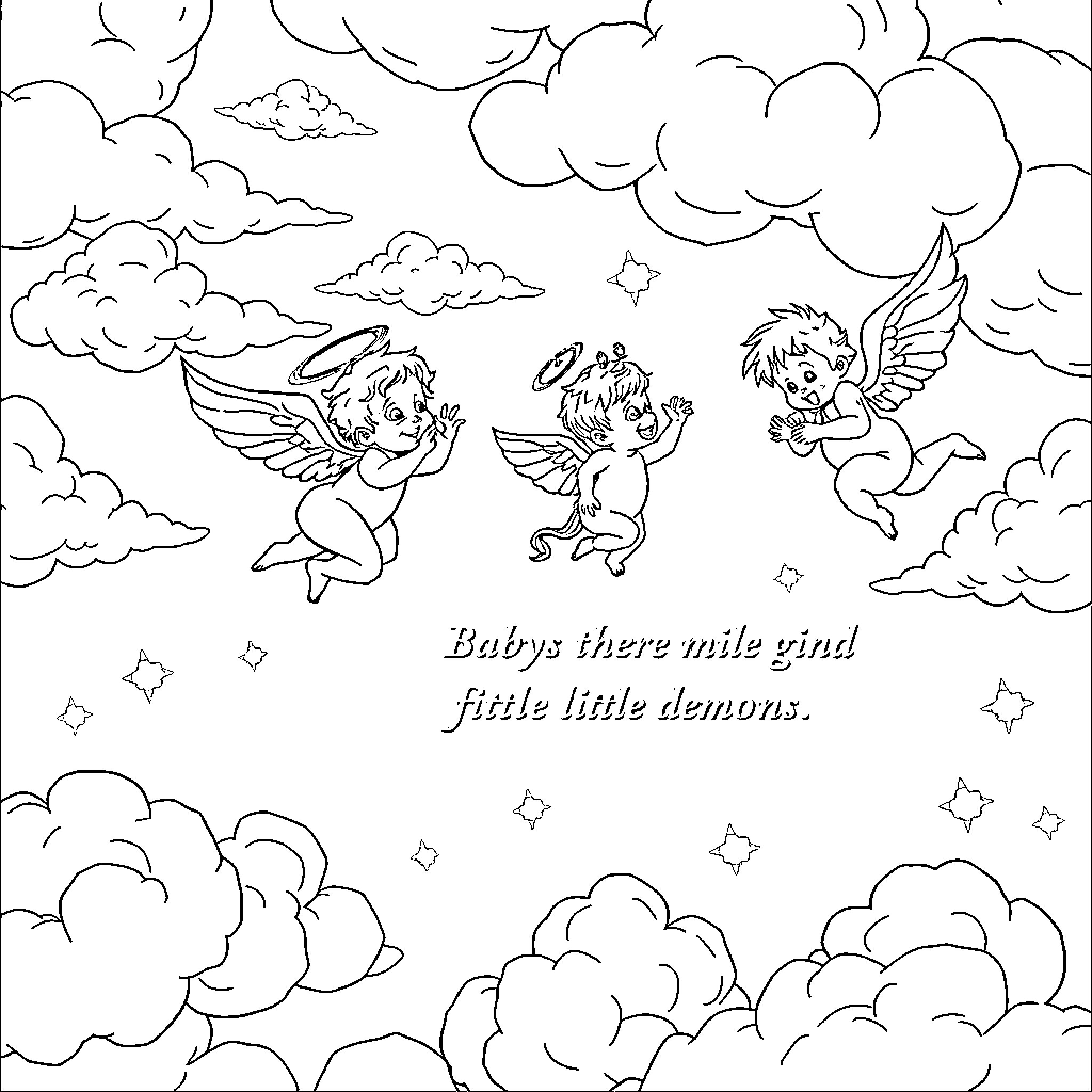 Angel cherubs playing in the cloudy sky Coloring Page (free black-and-white line drawing printable PDF for all, from beginners to advanced learners, including children, teens, adults, and seniors)
