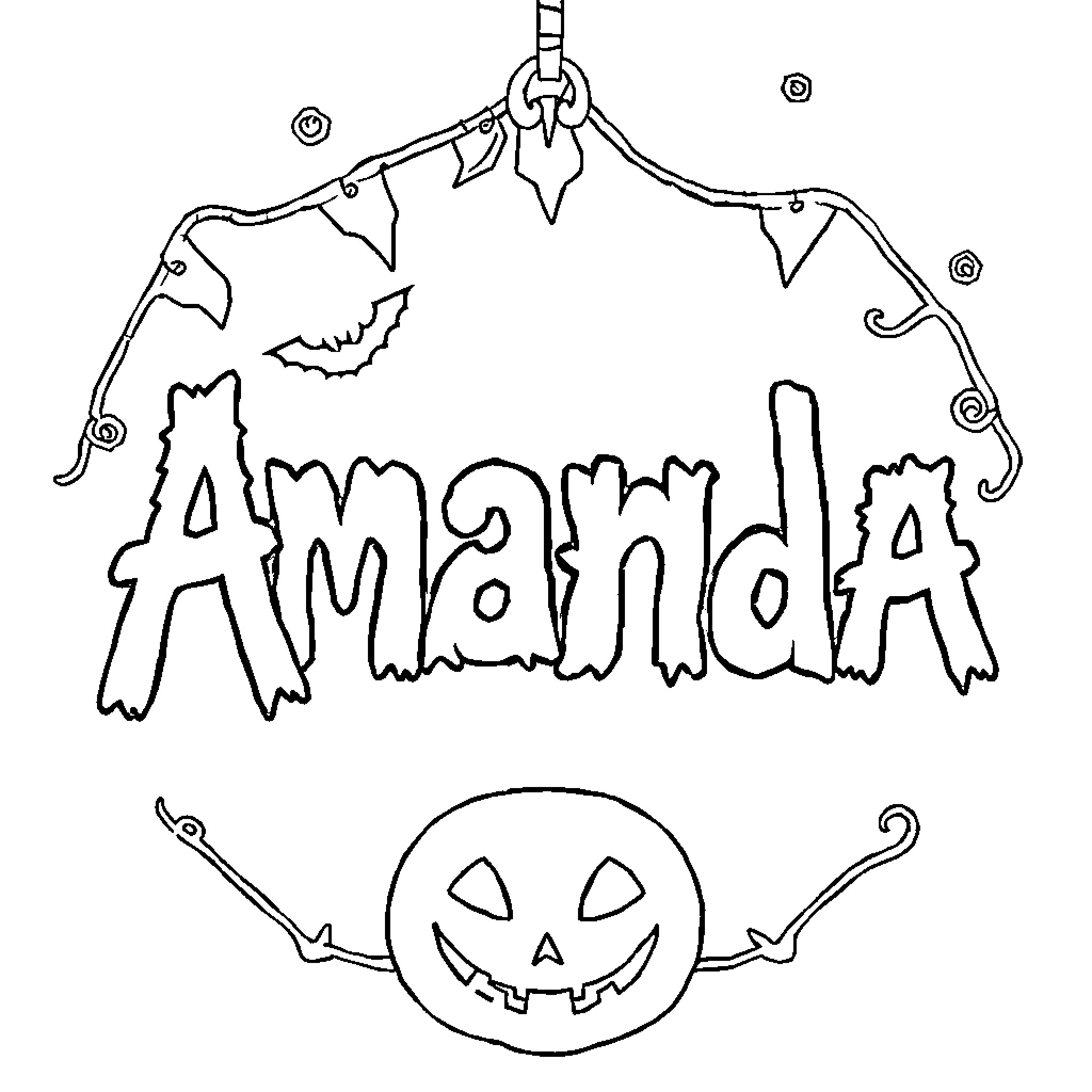 Amanda's Spooky Halloween Scene Coloring Page (free black-and-white line drawing printable PDF for all, from beginners to advanced learners, including children, teens, adults, and seniors)