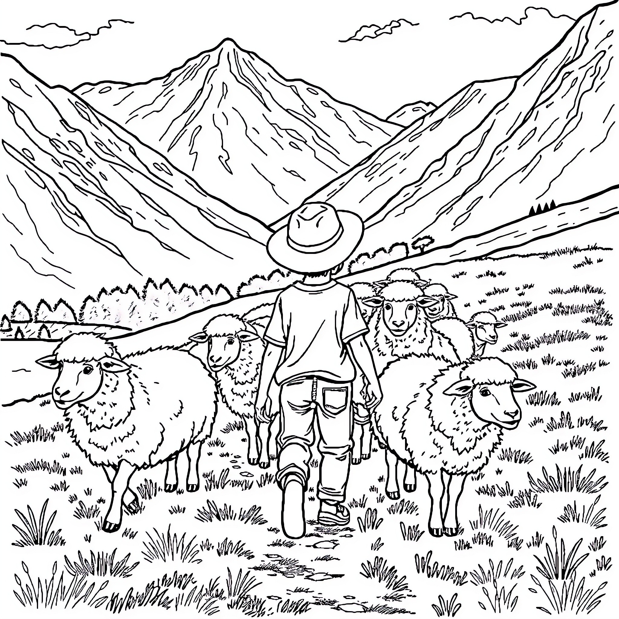 Boy herding sheep in the mountains Coloring Page (free black-and-white line drawing printable PDF for all, from beginners to advanced learners, including children, teens, adults, and seniors)