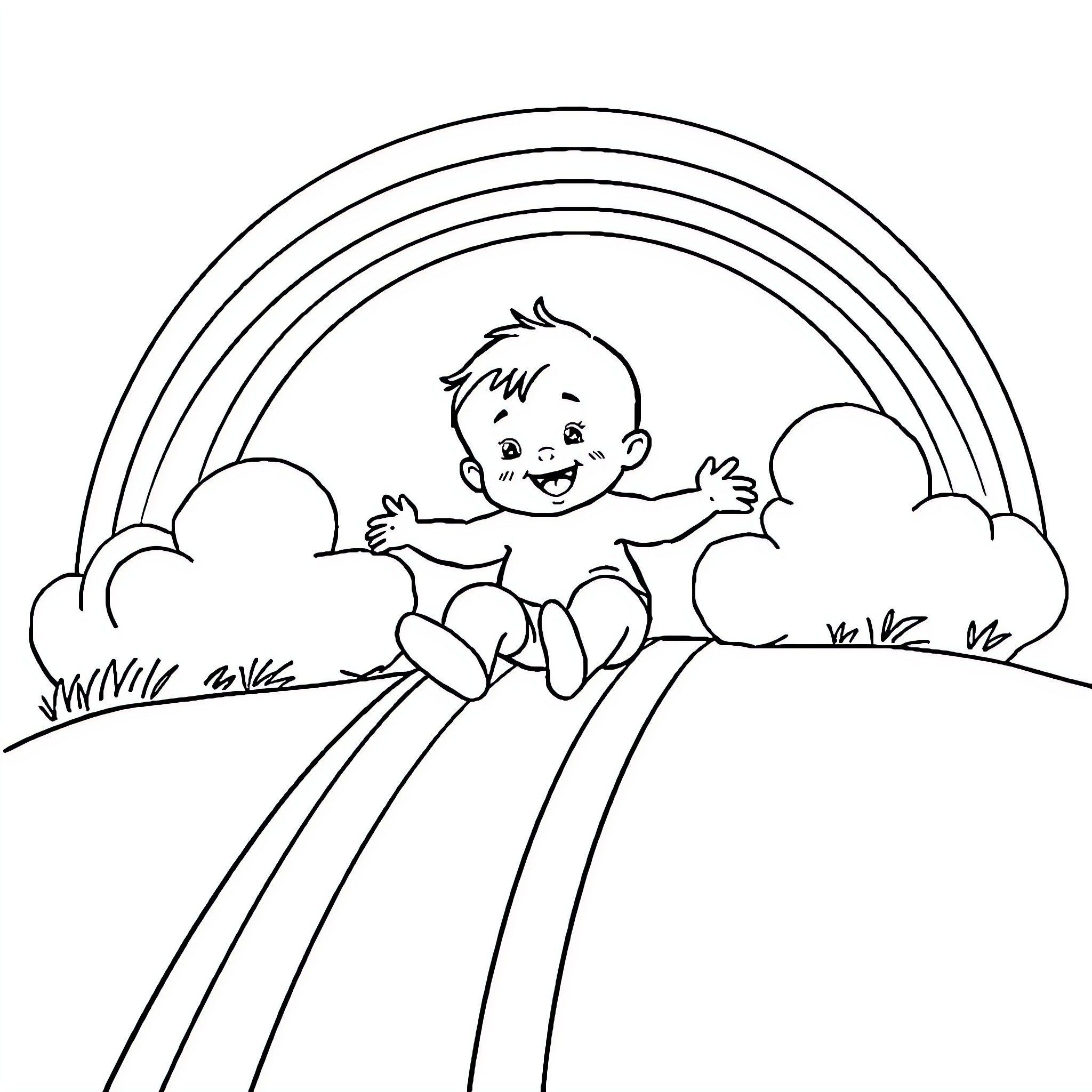 Baby enjoying the rainbow and clouds Coloring Page (free black-and-white line drawing printable PDF for all, from beginners to advanced learners, including children, teens, adults, and seniors)