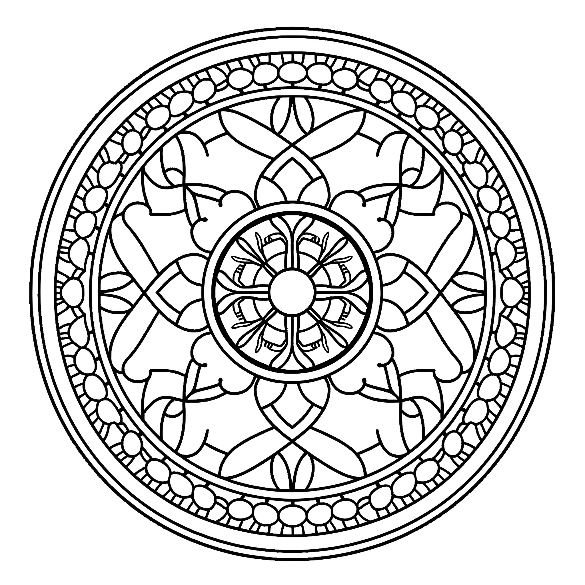 Mandala of intricate floral patterns and geometric shapes Coloring Page (free black-and-white line drawing printable PDF for all, from beginners to advanced learners, including children, teens, adults, and seniors)