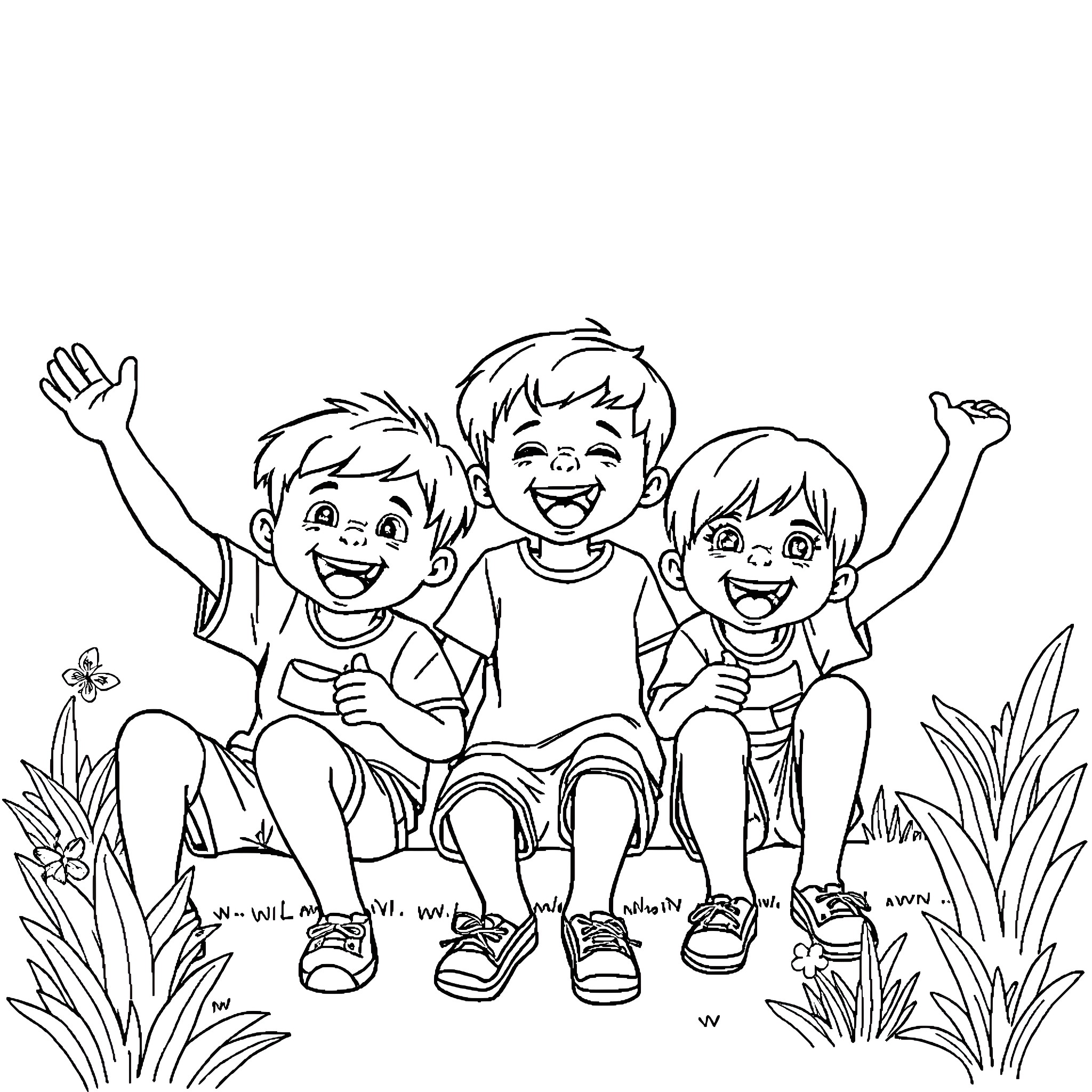 2nd Graders Enjoying Playtime Outdoors Coloring Page (free black-and-white line drawing printable PDF for all, from beginners to advanced learners, including children, teens, adults, and seniors)