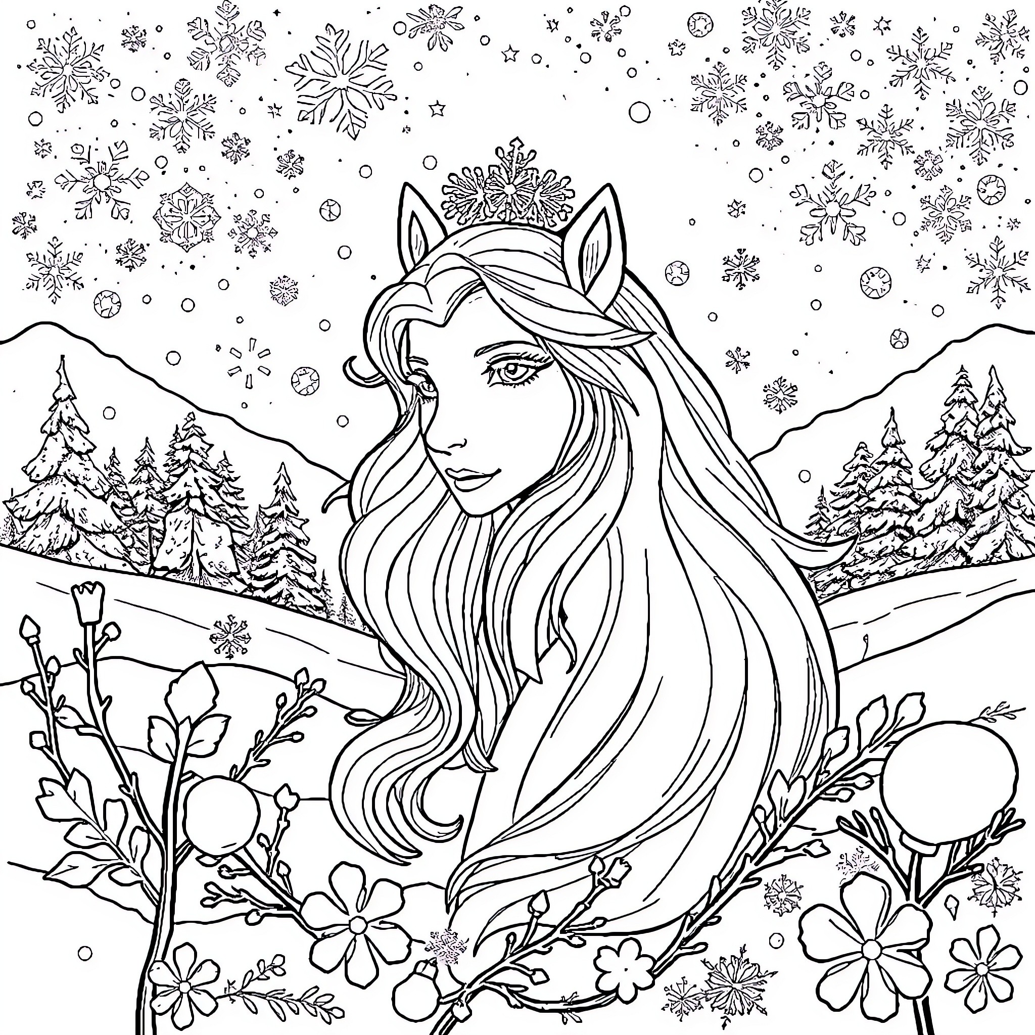 Snow Queen in a Wintry Landscape Coloring Page (free black-and-white line drawing printable PDF for all, from beginners to advanced learners, including children, teens, adults, and seniors)