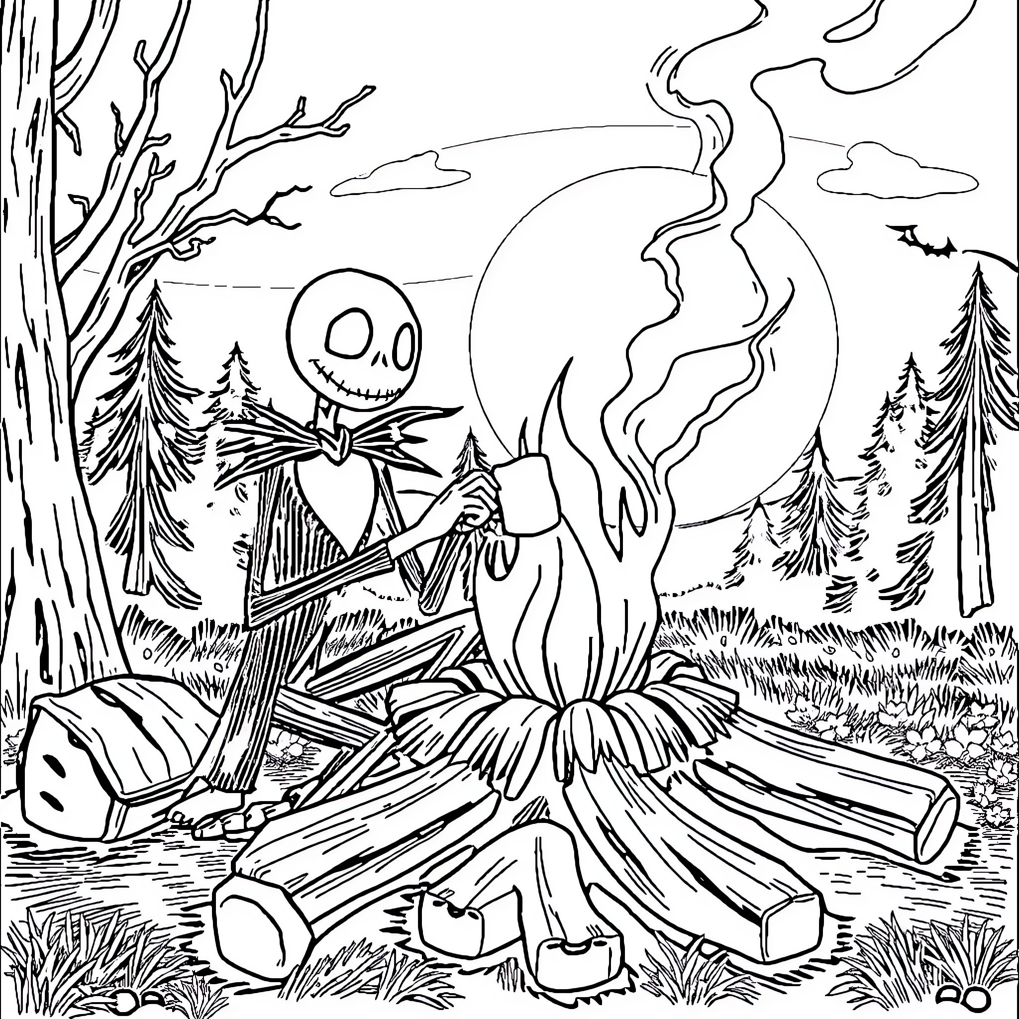 Jack Skeleton Gathering Wood for Campfire in Autumn Woodland Coloring Page (free black-and-white line drawing printable PDF for all, from beginners to advanced learners, including children, teens, adults, and seniors)