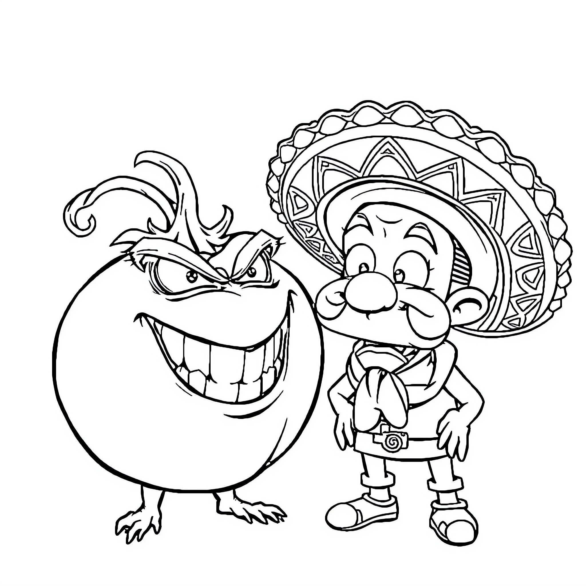 Tomato and Funny Cartoon Character in Mexican Attire Coloring Page (free black-and-white line drawing printable PDF for all, from beginners to advanced learners, including children, teens, adults, and seniors)