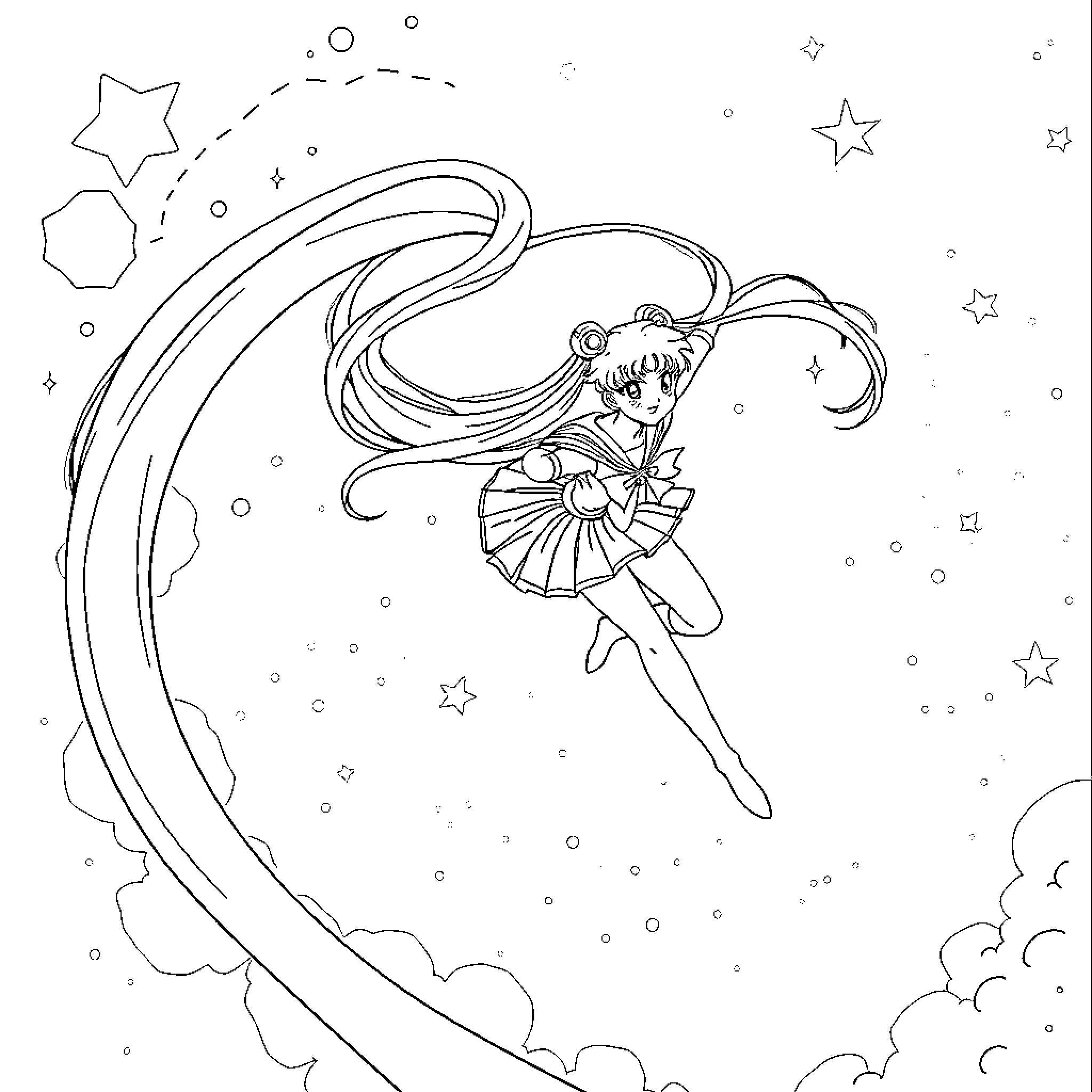 Sailor Moon Striking a Magical Pose in the Starry Sky Coloring Page (free black-and-white line drawing printable PDF for all, from beginners to advanced learners, including children, teens, adults, and seniors)
