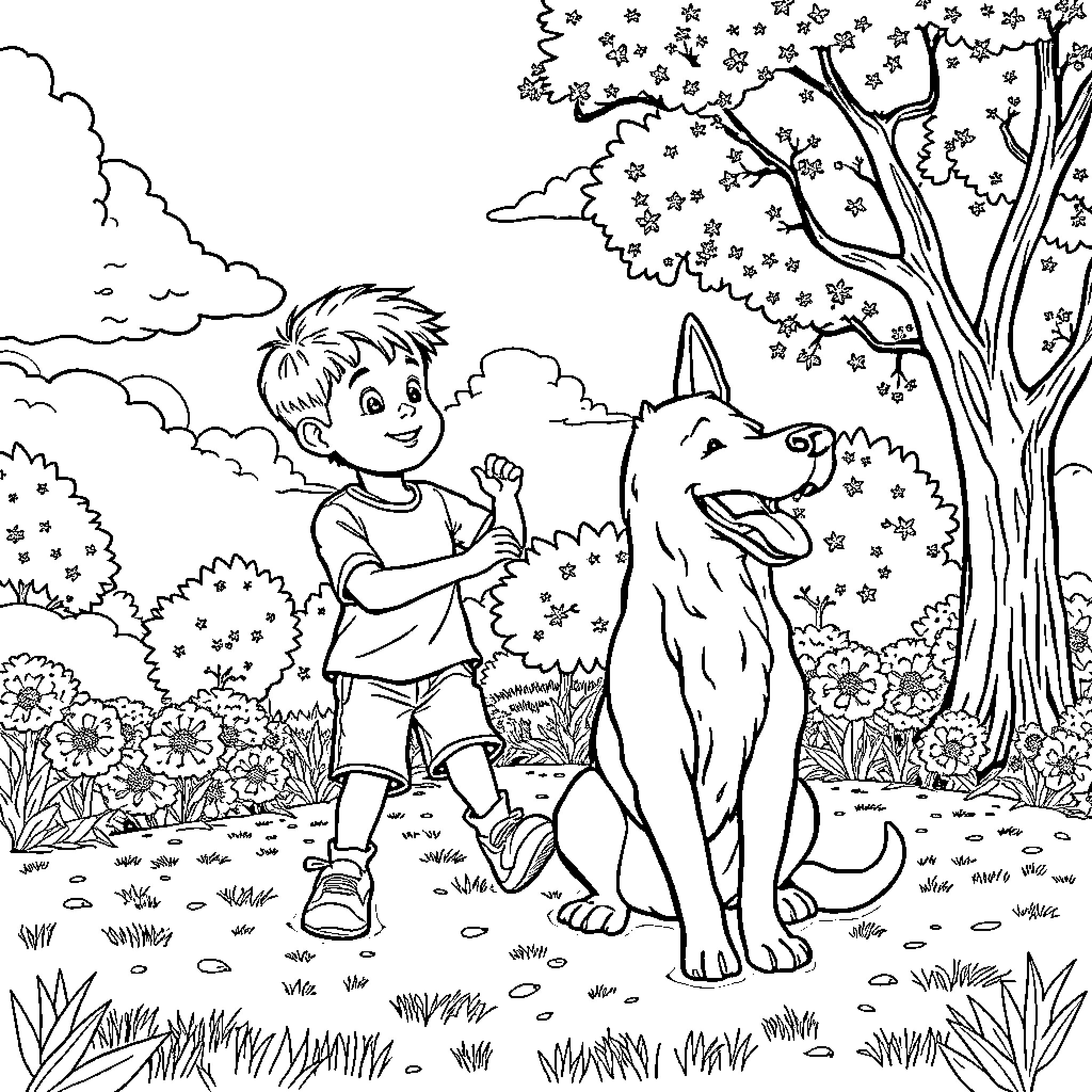 Niño with his loyal dog in a nature scene Coloring Page (free black-and-white line drawing printable PDF for all, from beginners to advanced learners, including children, teens, adults, and seniors)
