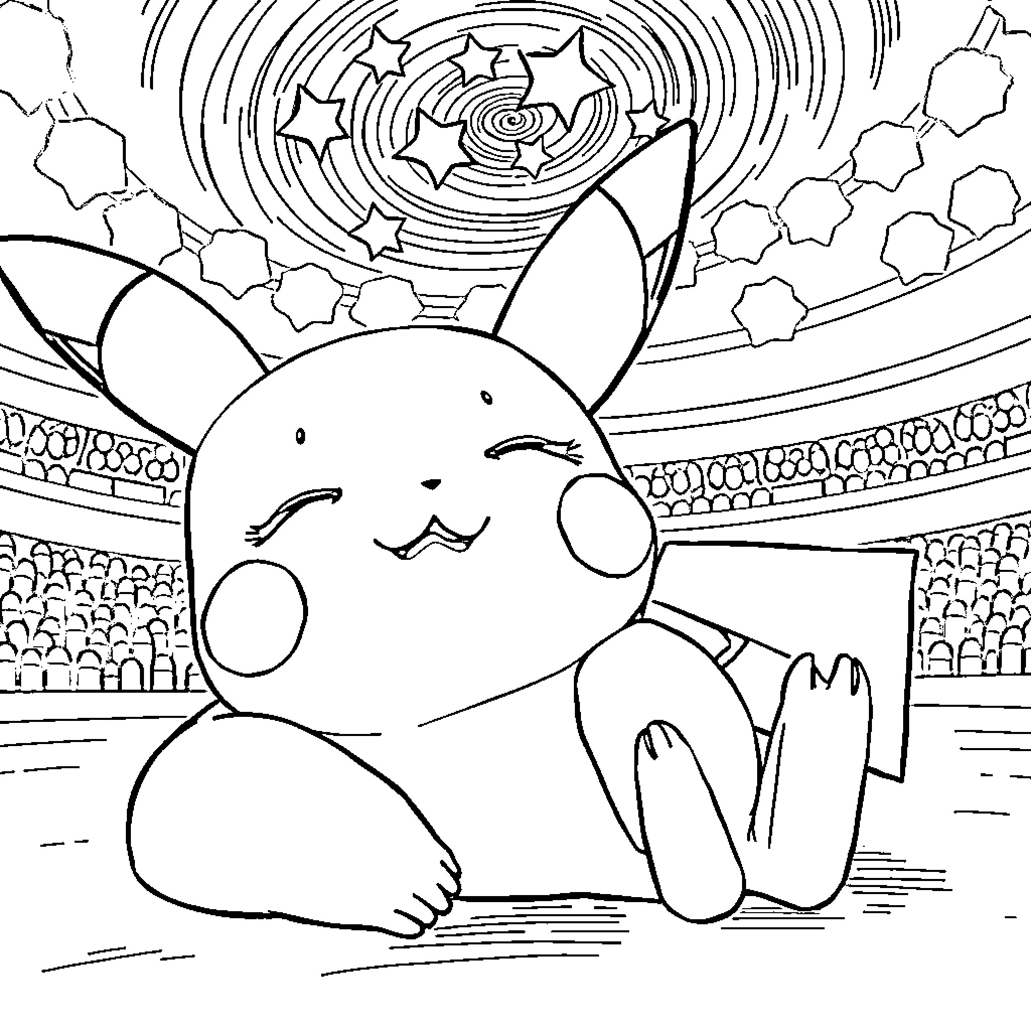 Pikachu Enjoying Cosmic Surroundings Coloring Page (free black-and-white line drawing printable PDF for all, from beginners to advanced learners, including children, teens, adults, and seniors)