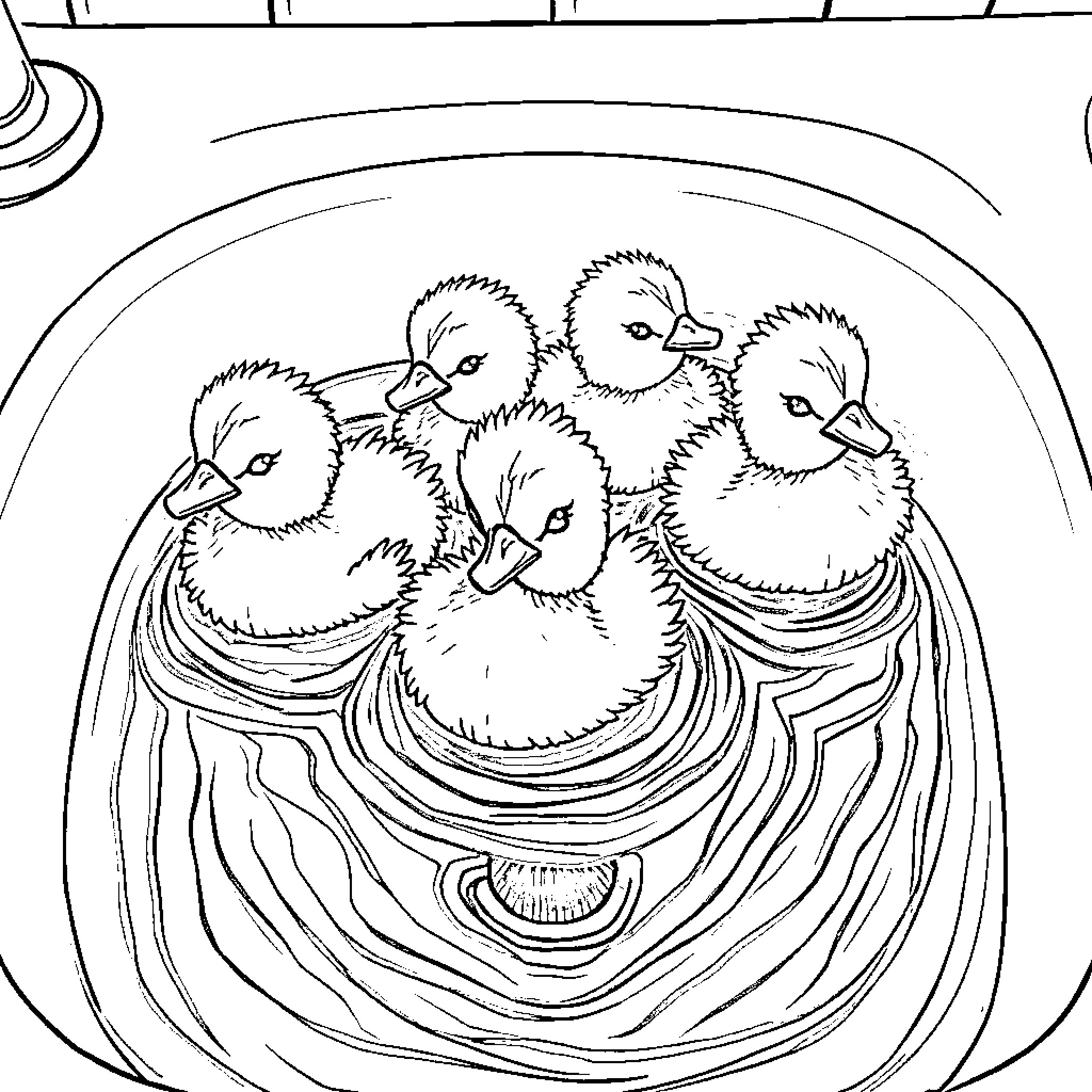 Duck Ducklings Resting in a Dish Coloring Page (free black-and-white line drawing printable PDF for all, from beginners to advanced learners, including children, teens, adults, and seniors)