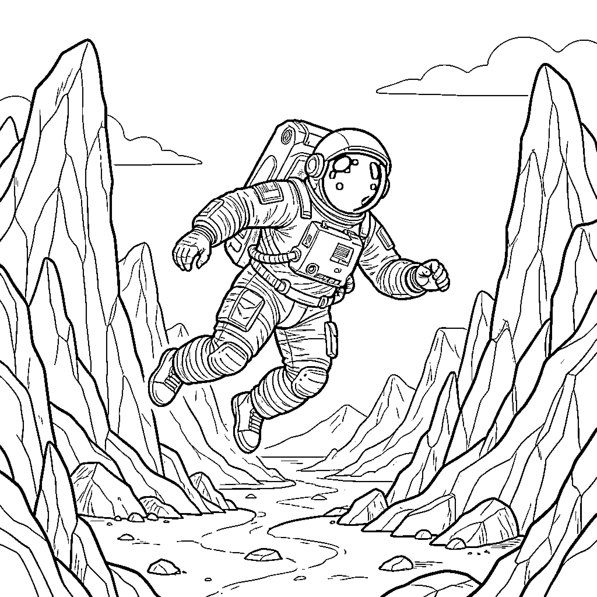 Astronaut exploring rocky alien landscape Coloring Page (free black-and-white line drawing printable PDF for all, from beginners to advanced learners, including children, teens, adults, and seniors)