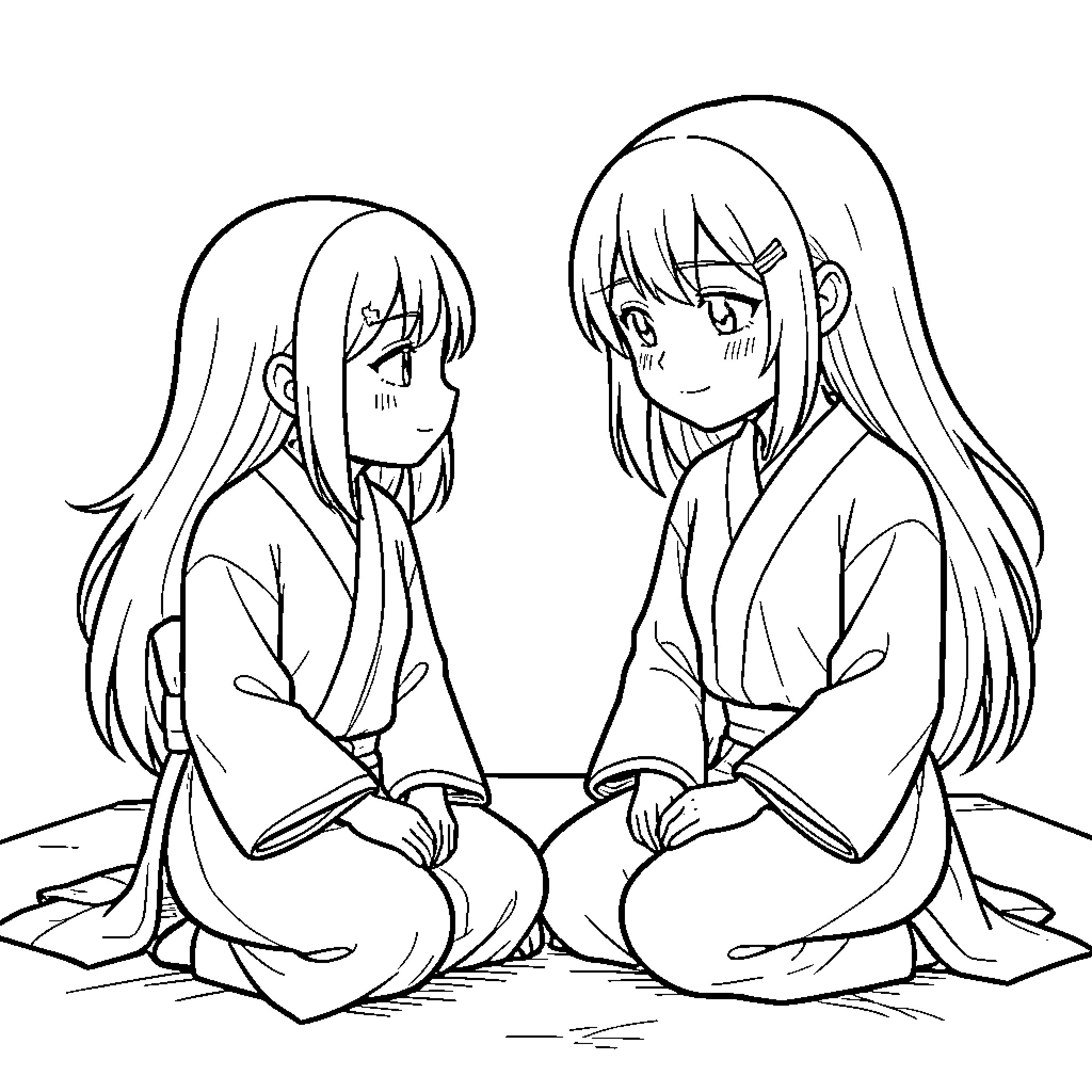 Nezuko sitting and smiling while looking at another girl Coloring Page (free black-and-white line drawing printable PDF for all, from beginners to advanced learners, including children, teens, adults, and seniors)