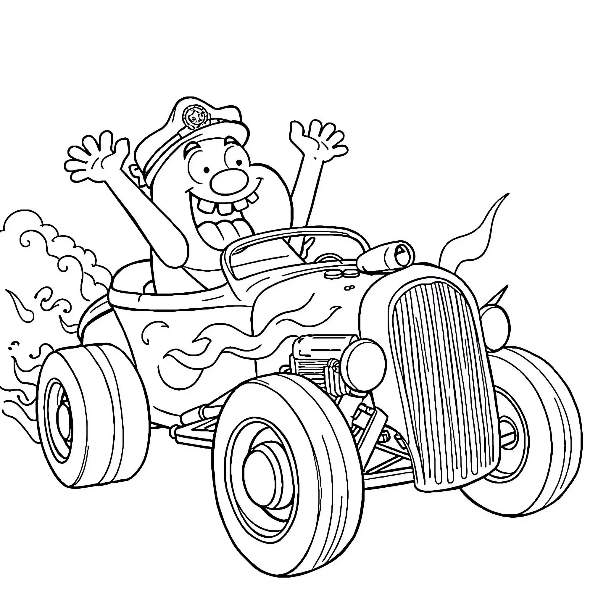 Captain Underpants driving wacky vehicle Coloring Page (free black-and-white line drawing printable PDF for all, from beginners to advanced learners, including children, teens, adults, and seniors)