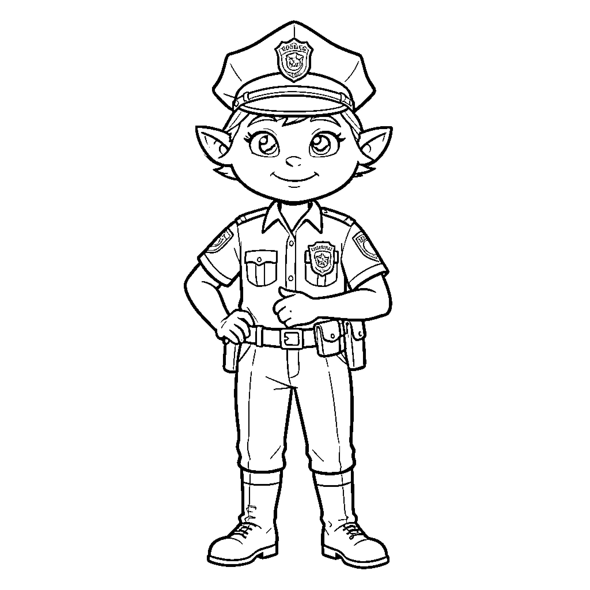 Jody standing proudly in a police officer uniform Coloring Page (free black-and-white line drawing printable PDF for all, from beginners to advanced learners, including children, teens, adults, and seniors)