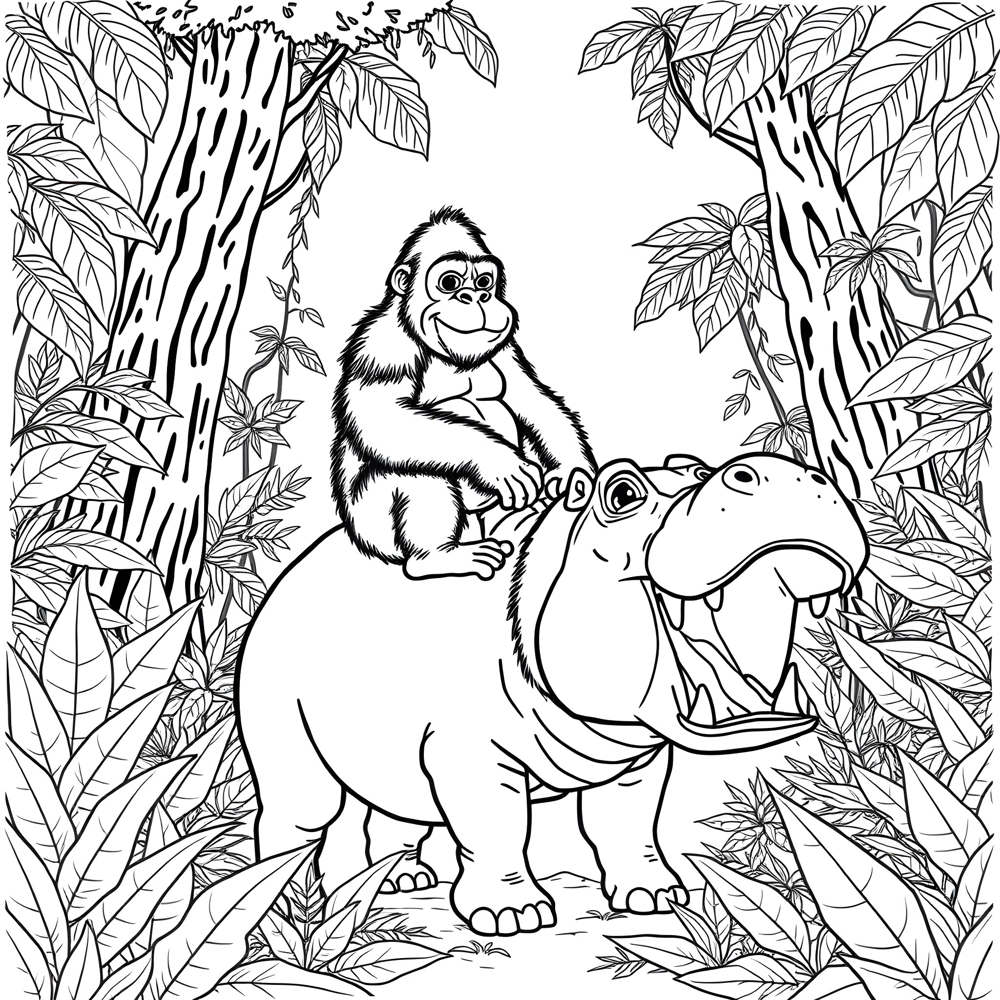 Gorilla riding on a hippopotamus in the jungle Coloring Page (free black-and-white line drawing printable PDF for all, from beginners to advanced learners, including children, teens, adults, and seniors)