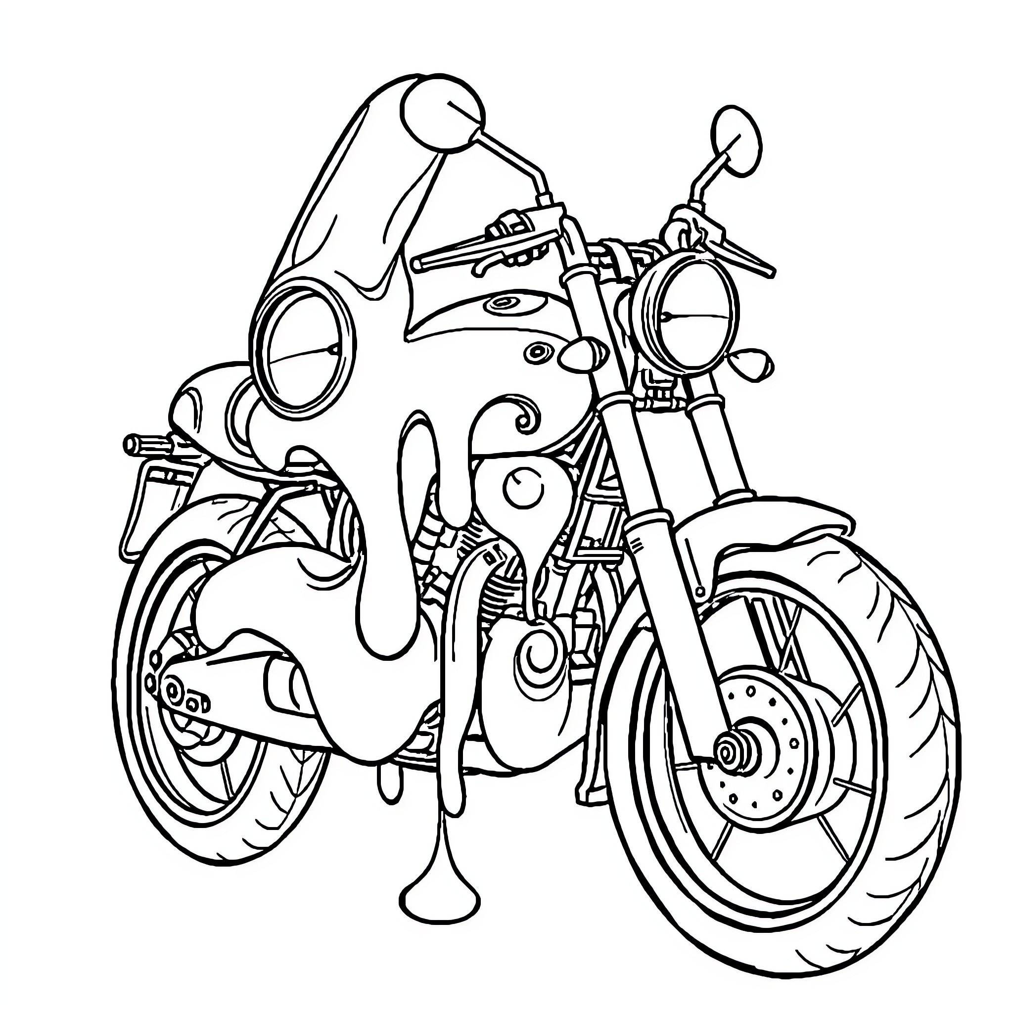 Motorcycle with Stylized Design Coloring Page (free black-and-white line drawing printable PDF for all, from beginners to advanced learners, including children, teens, adults, and seniors)