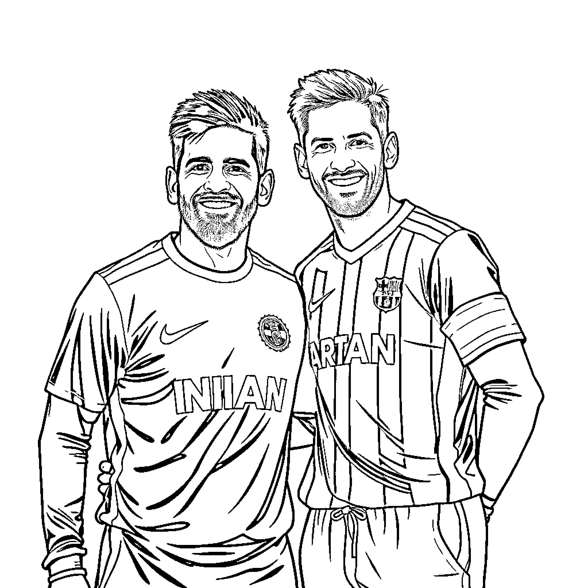 Ms Dhoni and teammate in sports jersey posing together Coloring Page (free black-and-white line drawing printable PDF for all, from beginners to advanced learners, including children, teens, adults, and seniors)