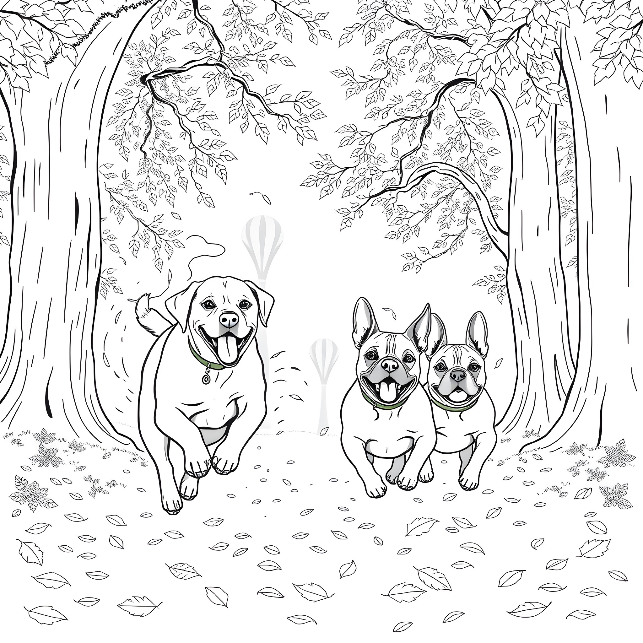 Labrador Retrievers playing joyfully in the forest Coloring Page (free black-and-white line drawing printable PDF for all, from beginners to advanced learners, including children, teens, adults, and seniors)