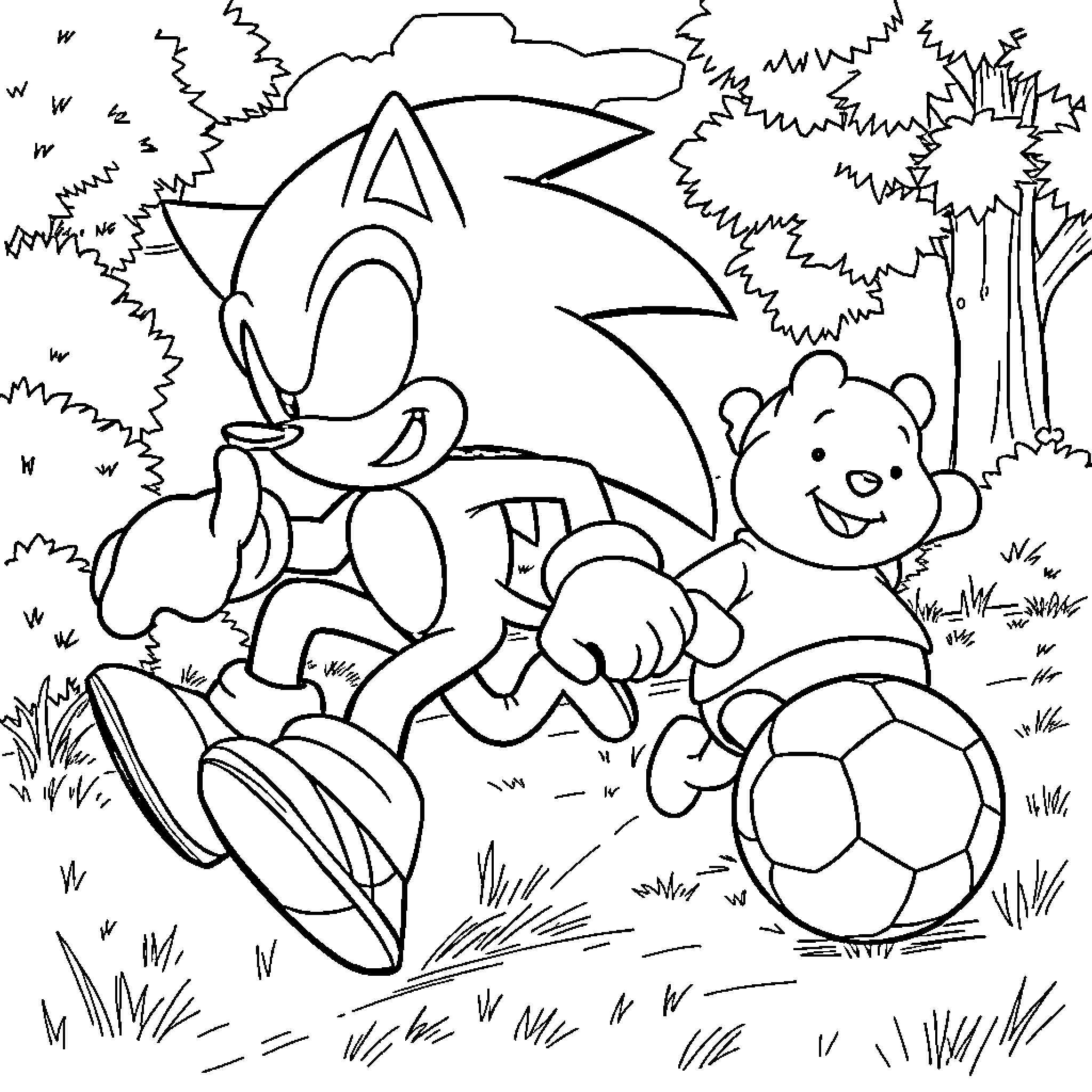 Sonic's Playful Adventure with Teddy Coloring Page (free black-and-white line drawing printable PDF for all, from beginners to advanced learners, including children, teens, adults, and seniors)