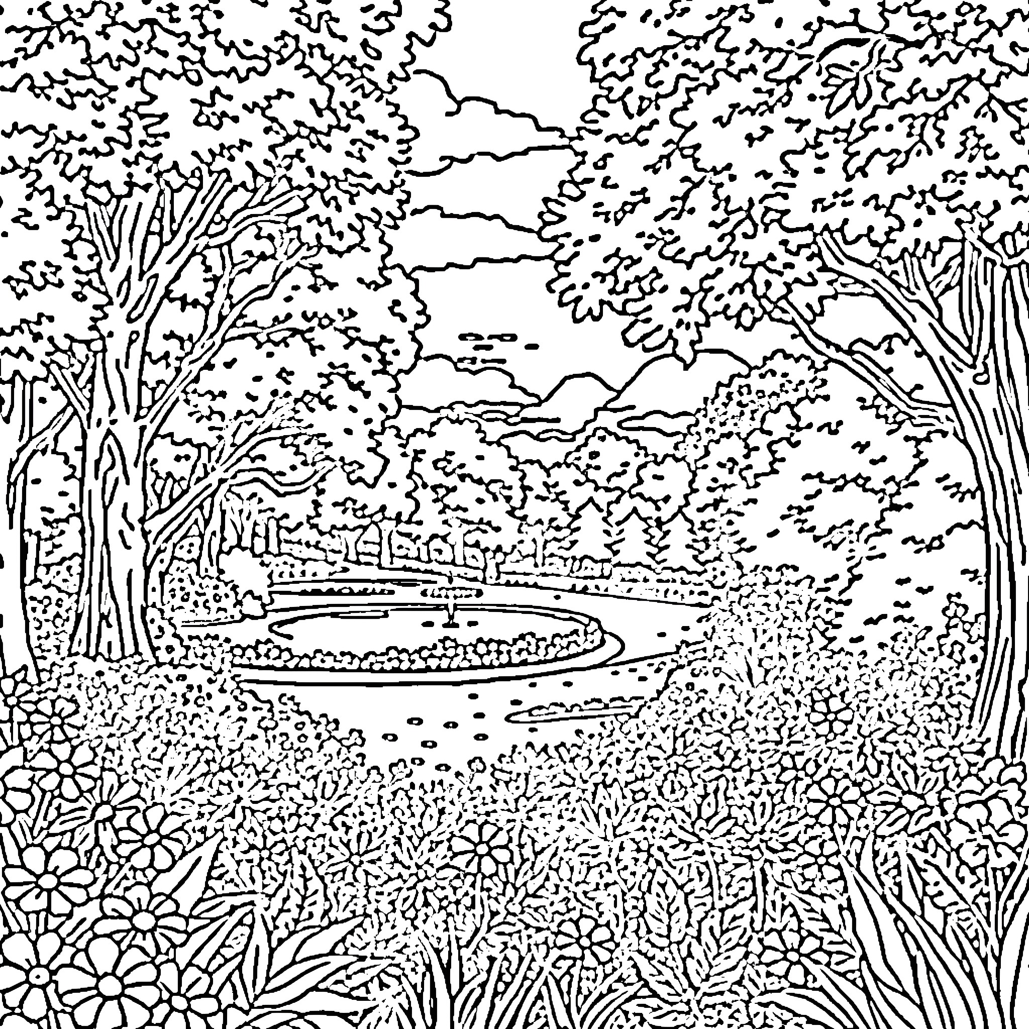 Park with scenic landscape and foliage Coloring Page (free black-and-white line drawing printable PDF for all, from beginners to advanced learners, including children, teens, adults, and seniors)