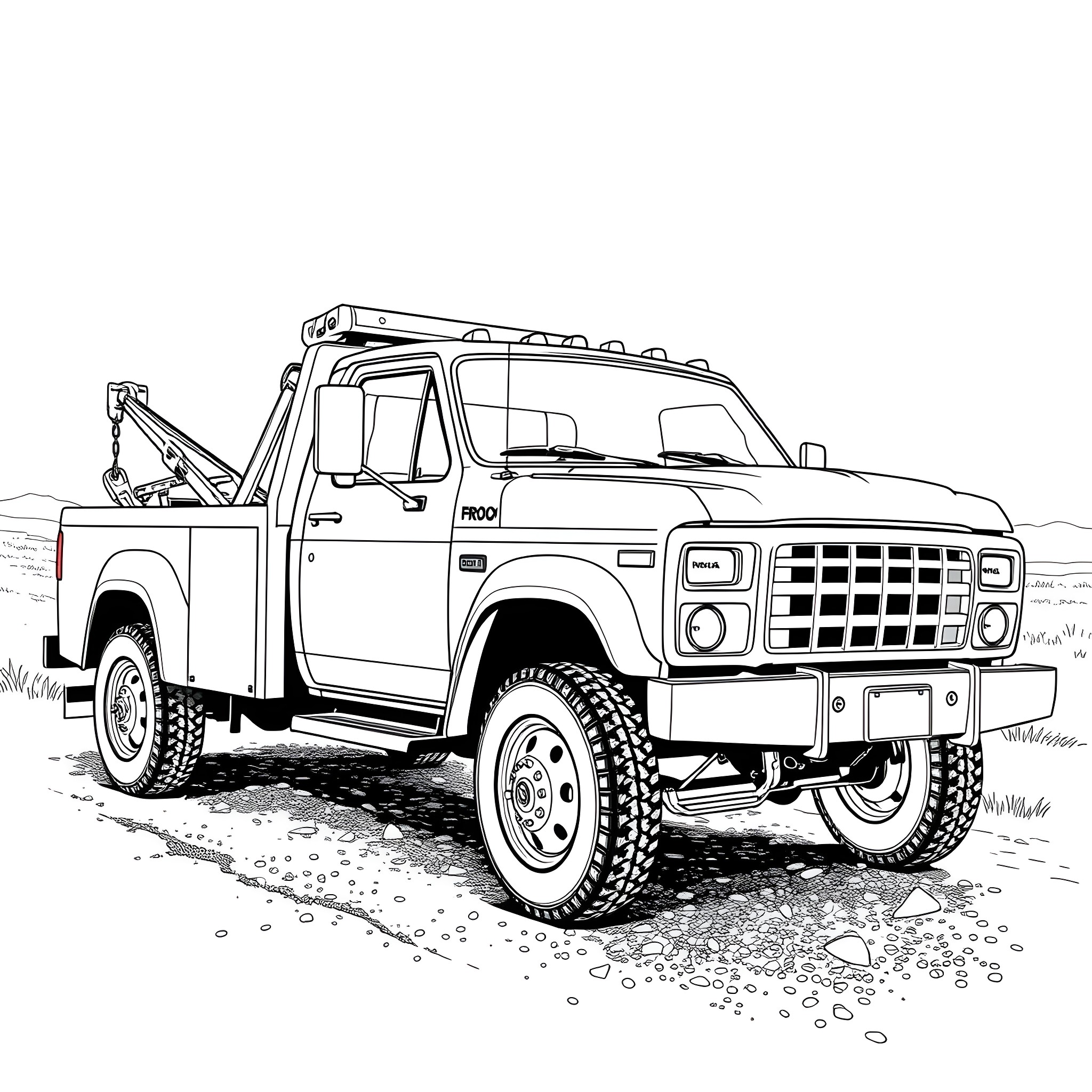Wrecker Truck Towing Heavy-Duty Vehicle on Rough Terrain Coloring Page (free black-and-white line drawing printable PDF for all, from beginners to advanced learners, including children, teens, adults, and seniors)