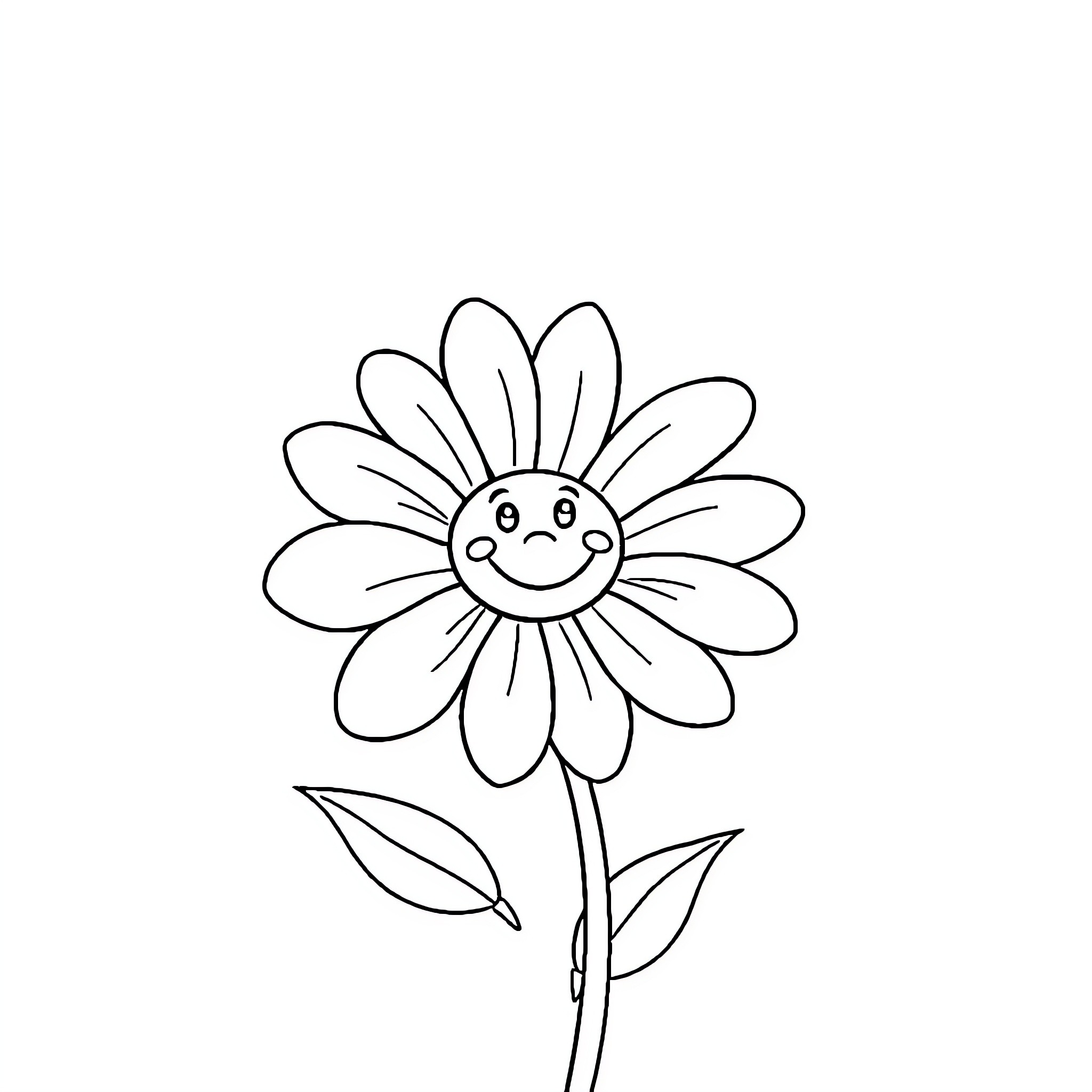Daisy flower with happy expression Coloring Page (free black-and-white line drawing printable PDF for all, from beginners to advanced learners, including children, teens, adults, and seniors)