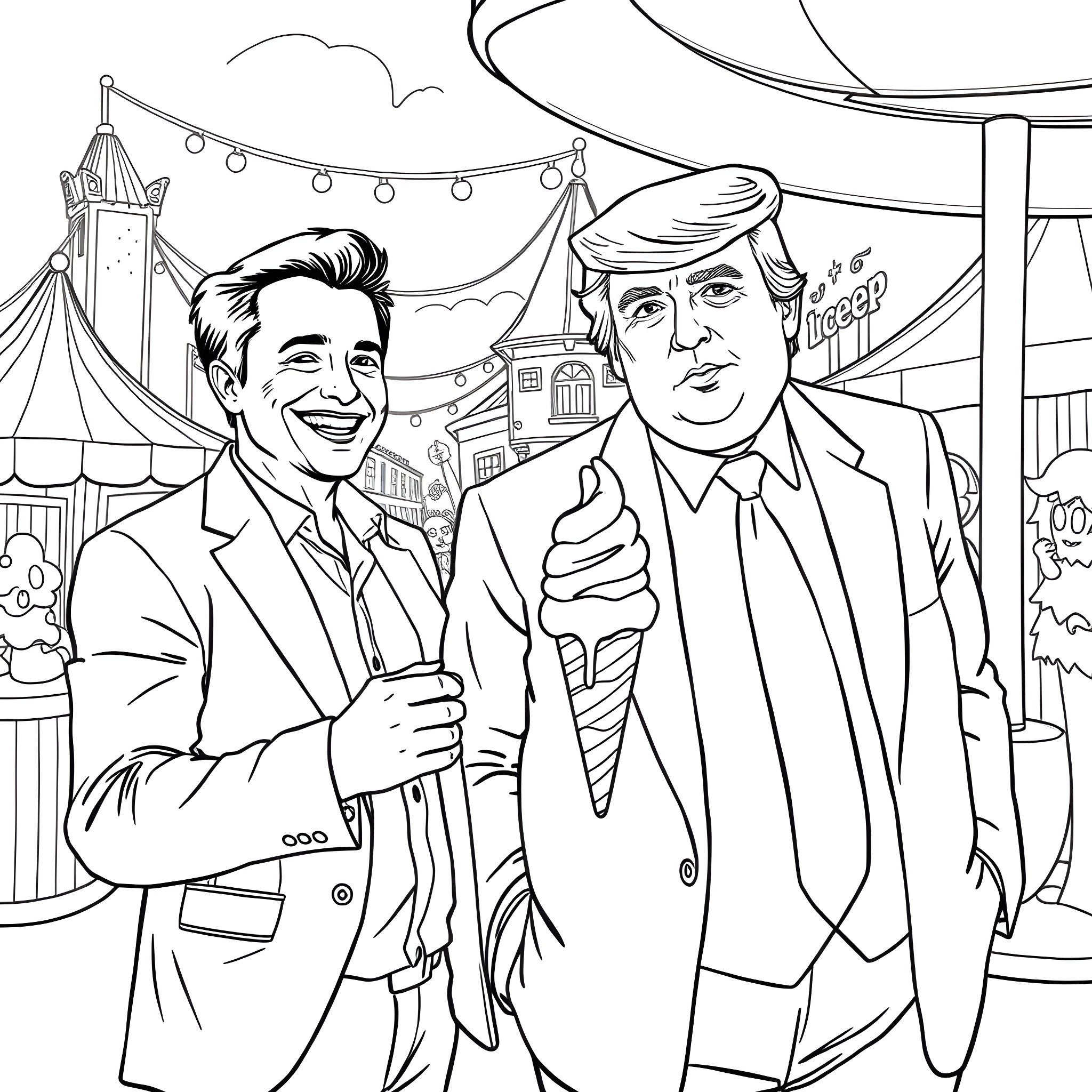Elon Musk and Donald Trump at a Carnival Celebration Coloring Page (free black-and-white line drawing printable PDF for all, from beginners to advanced learners, including children, teens, adults, and seniors)