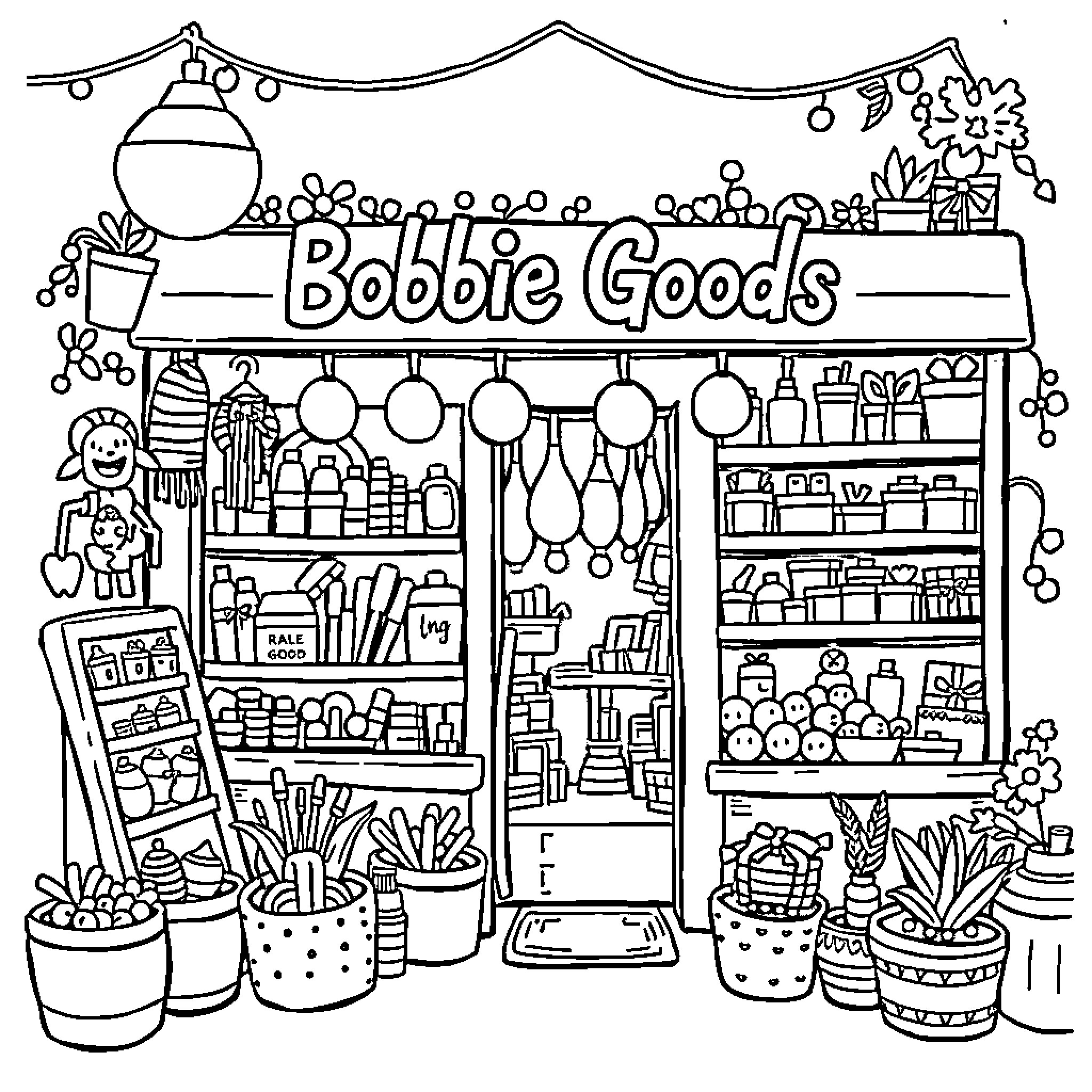 Bobbie Goods - Store with Variety of Goods and Decor Coloring Page (free black-and-white line drawing printable PDF for all, from beginners to advanced learners, including children, teens, adults, and seniors)