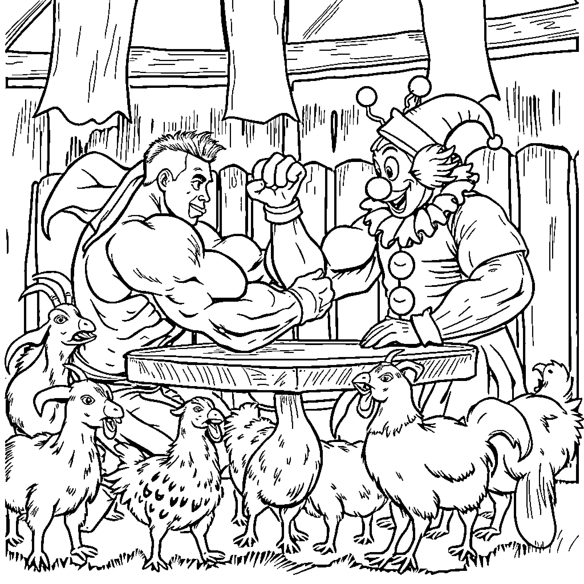 Bodybuilder arm wrestling with jester in circus arena Coloring Page (free black-and-white line drawing printable PDF for all, from beginners to advanced learners, including children, teens, adults, and seniors)