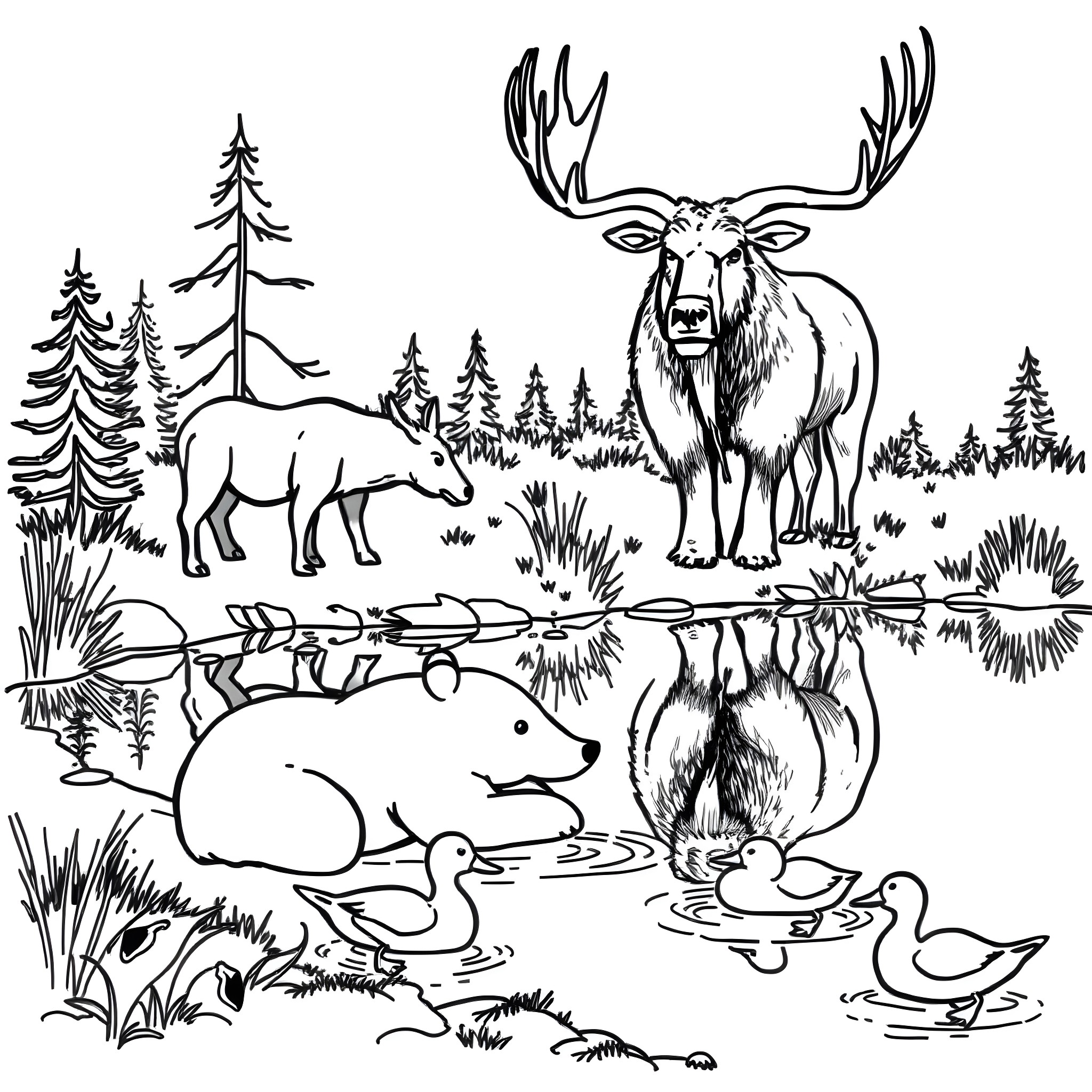 Bear exploring the tranquil forest pond Coloring Page (free black-and-white line drawing printable PDF for all, from beginners to advanced learners, including children, teens, adults, and seniors)