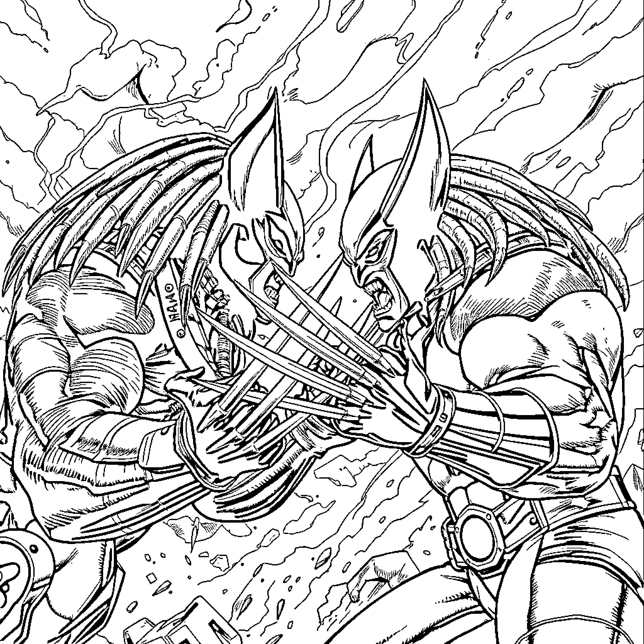 Wolverine battling in an intense and dramatic scene Coloring Page (free black-and-white line drawing printable PDF for all, from beginners to advanced learners, including children, teens, adults, and seniors)