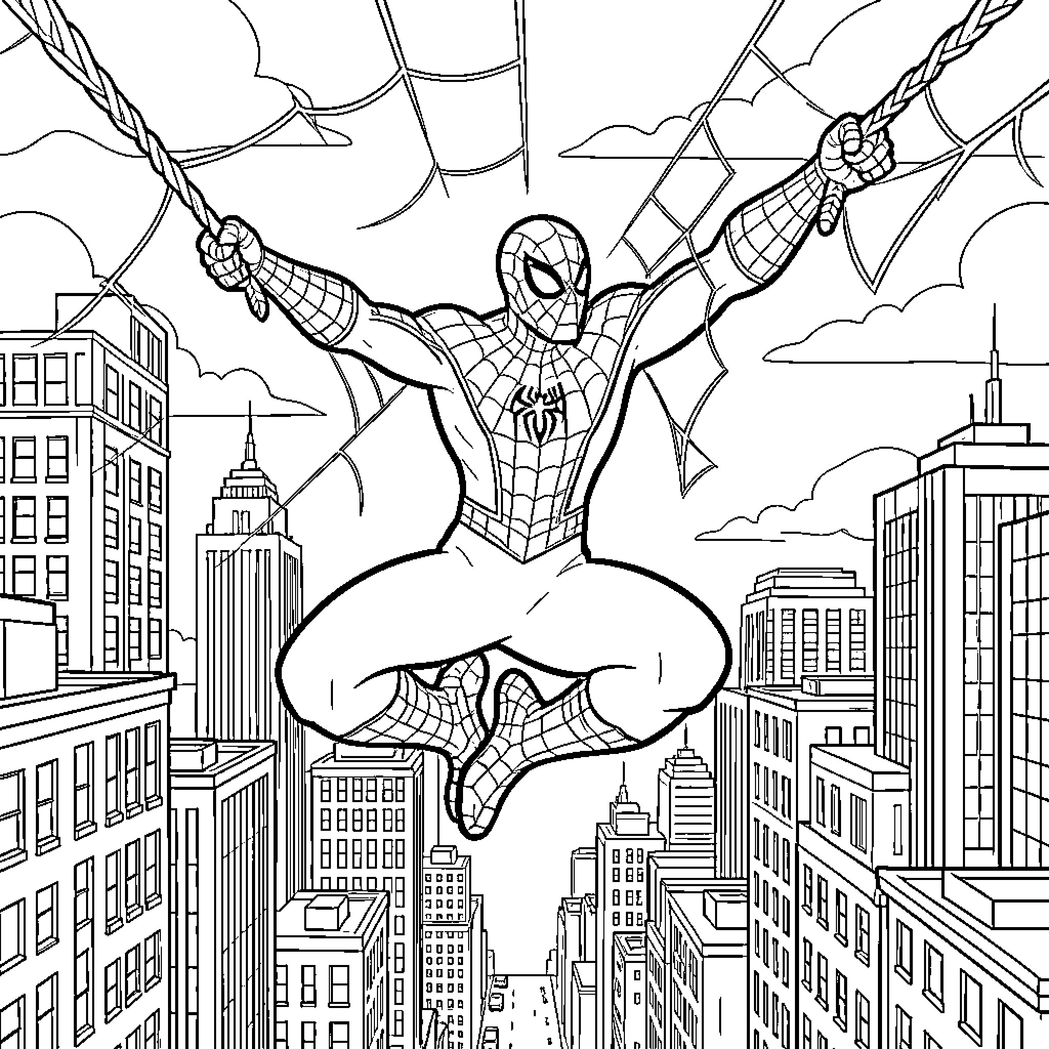 Spiderman swinging gracefully through the city skyline Coloring Page (free black-and-white line drawing printable PDF for all, from beginners to advanced learners, including children, teens, adults, and seniors)