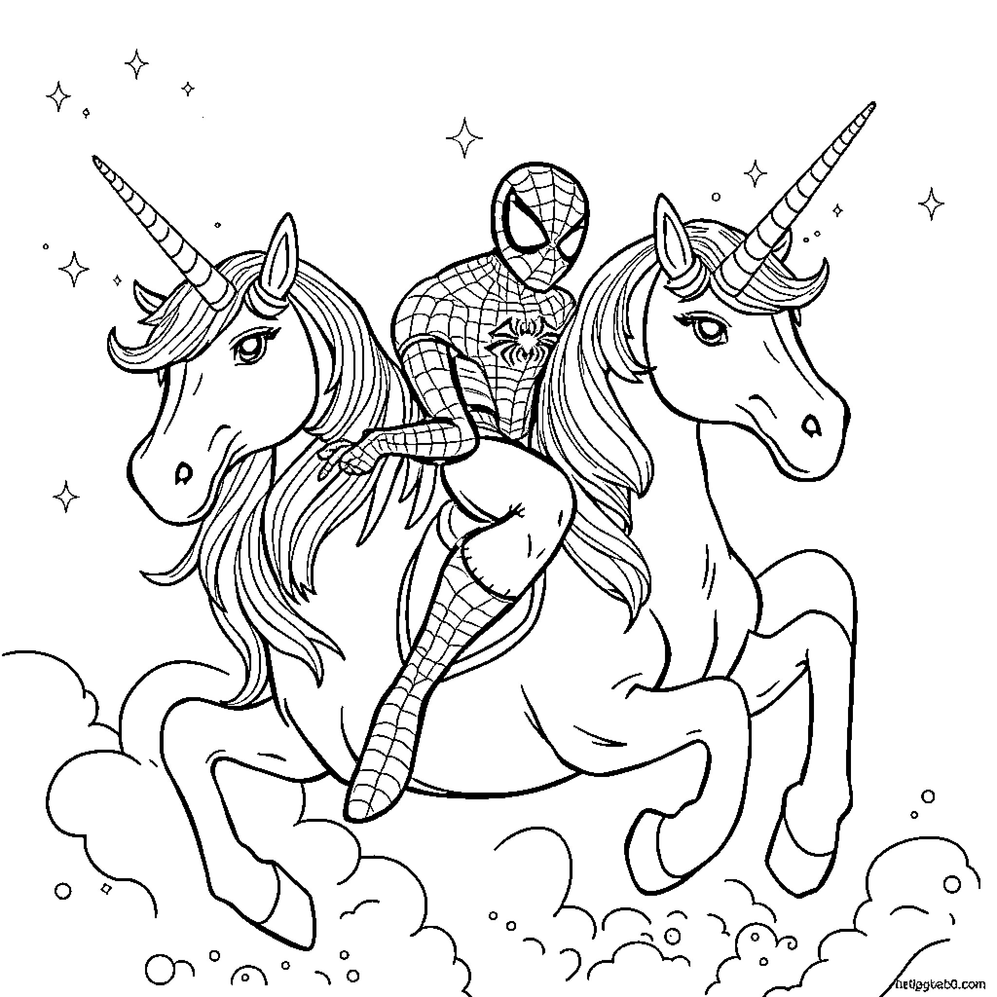 Spiderman riding magical unicorns through the stars Coloring Page (free black-and-white line drawing printable PDF for all, from beginners to advanced learners, including children, teens, adults, and seniors)