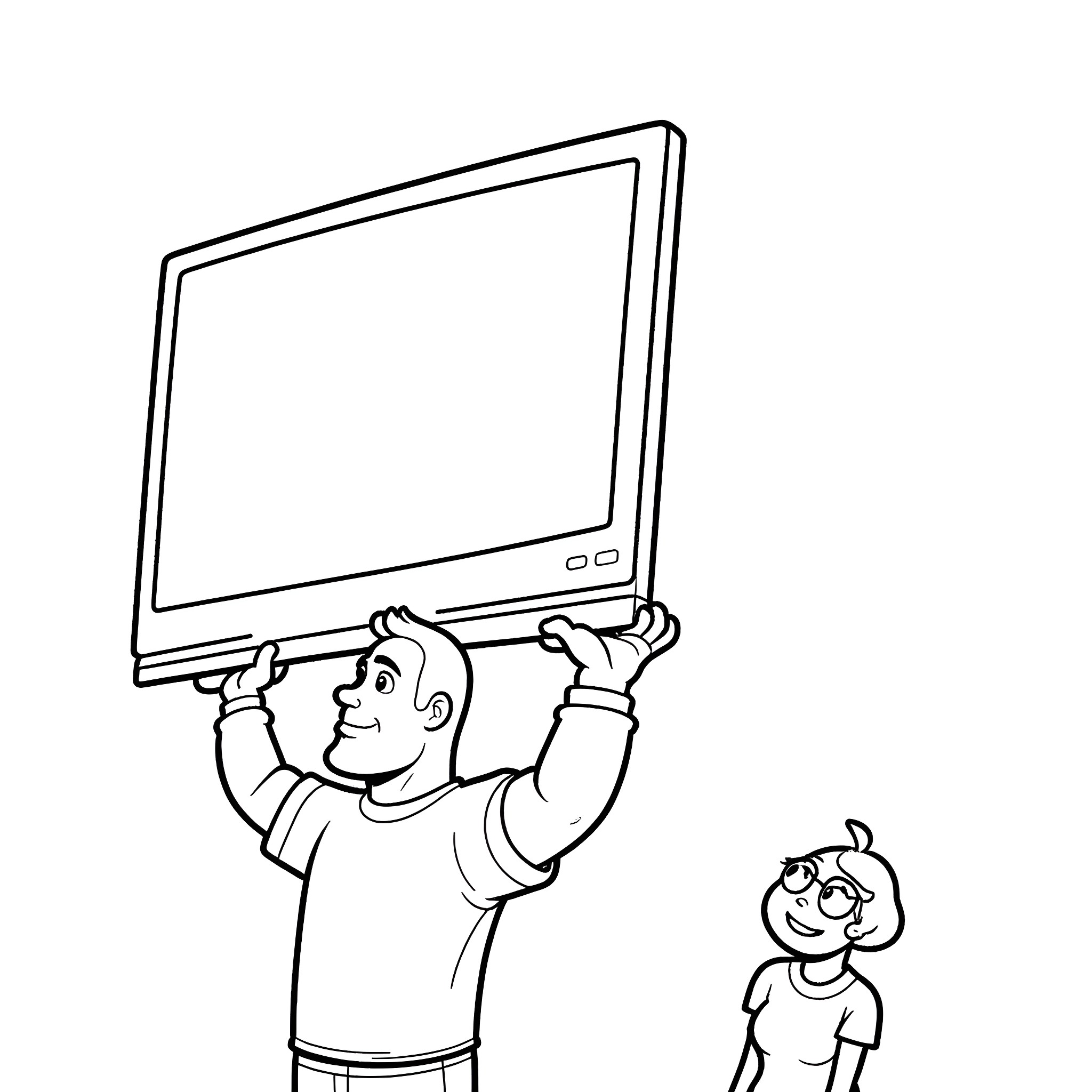 John Cena lifts a computer monitor while a child observes Coloring Page (free black-and-white line drawing printable PDF for all, from beginners to advanced learners, including children, teens, adults, and seniors)