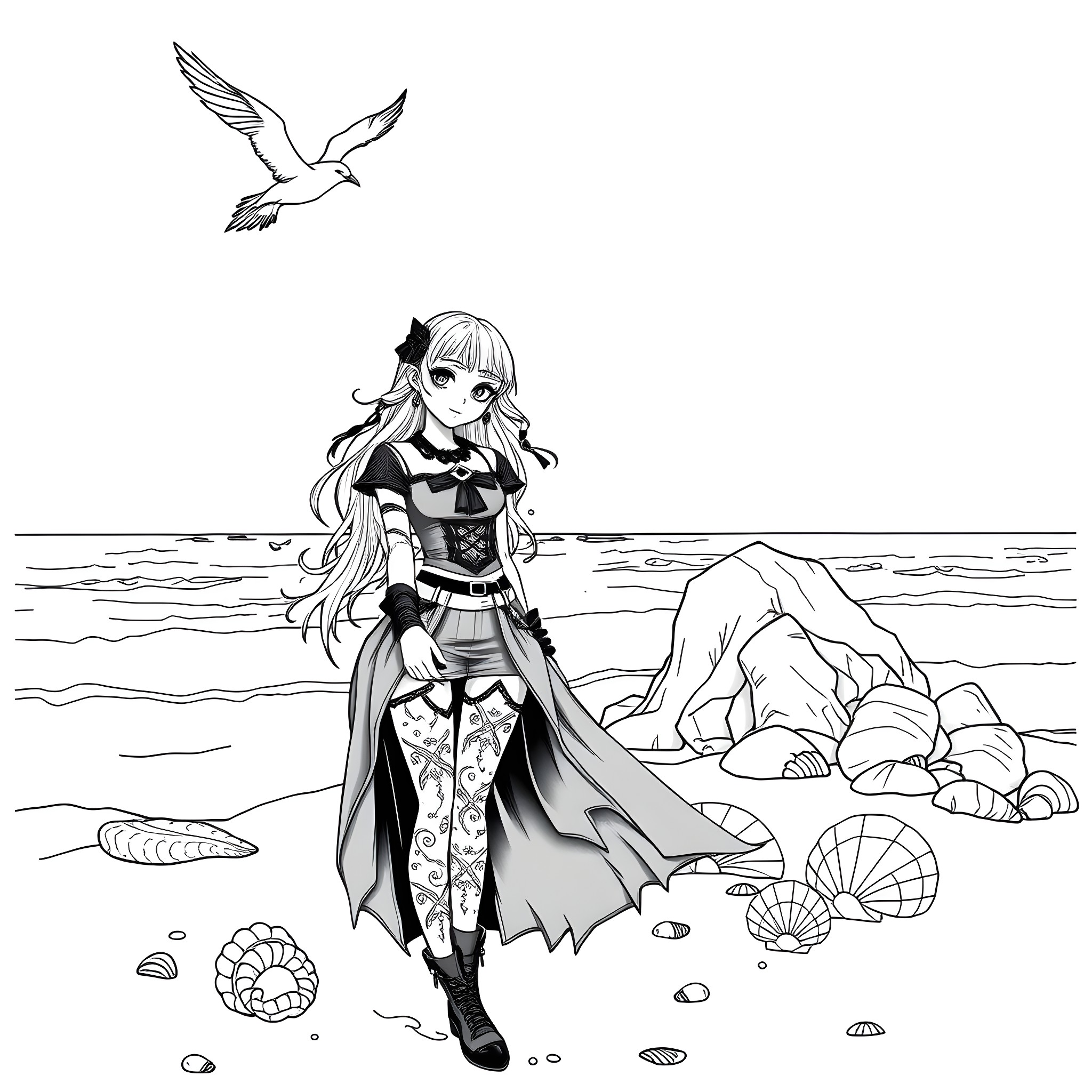 Goth Girl Exploring the Coastal Scenery Coloring Page (free black-and-white line drawing printable PDF for all, from beginners to advanced learners, including children, teens, adults, and seniors)