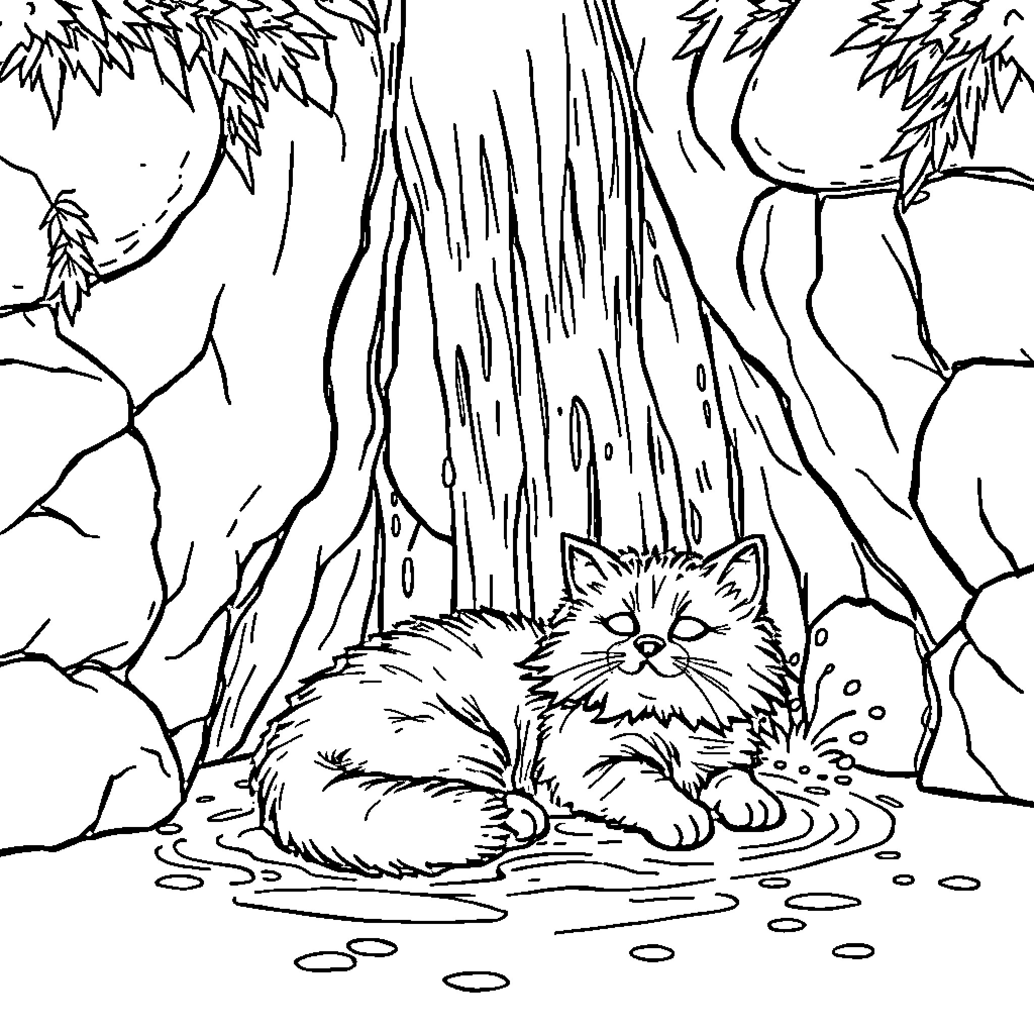 Cat resting in a forest Coloring Page (free black-and-white line drawing printable PDF for all, from beginners to advanced learners, including children, teens, adults, and seniors)