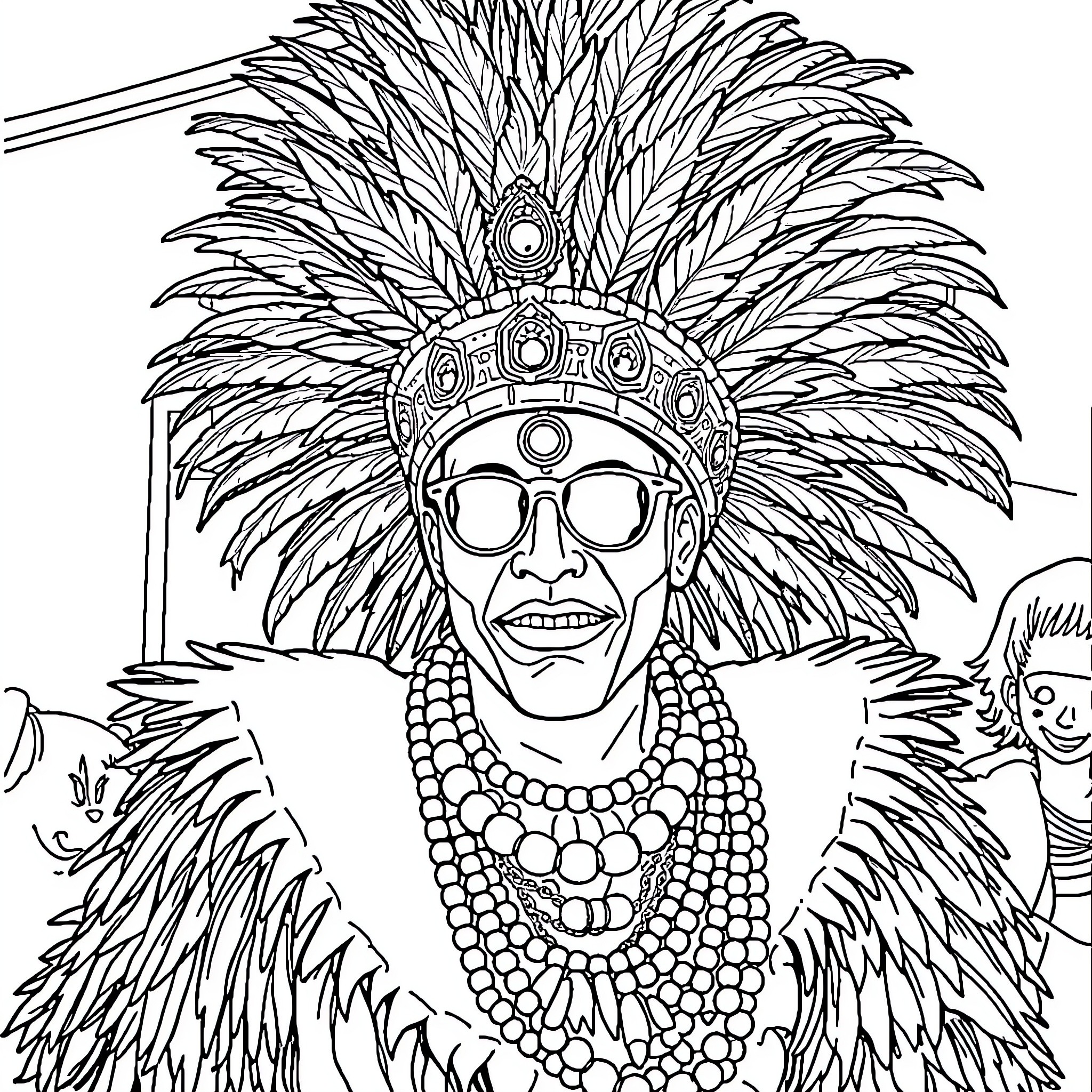 Junkanoo Celebration with Vibrant Costumes and Headdresses Coloring Page (free black-and-white line drawing printable PDF for all, from beginners to advanced learners, including children, teens, adults, and seniors)