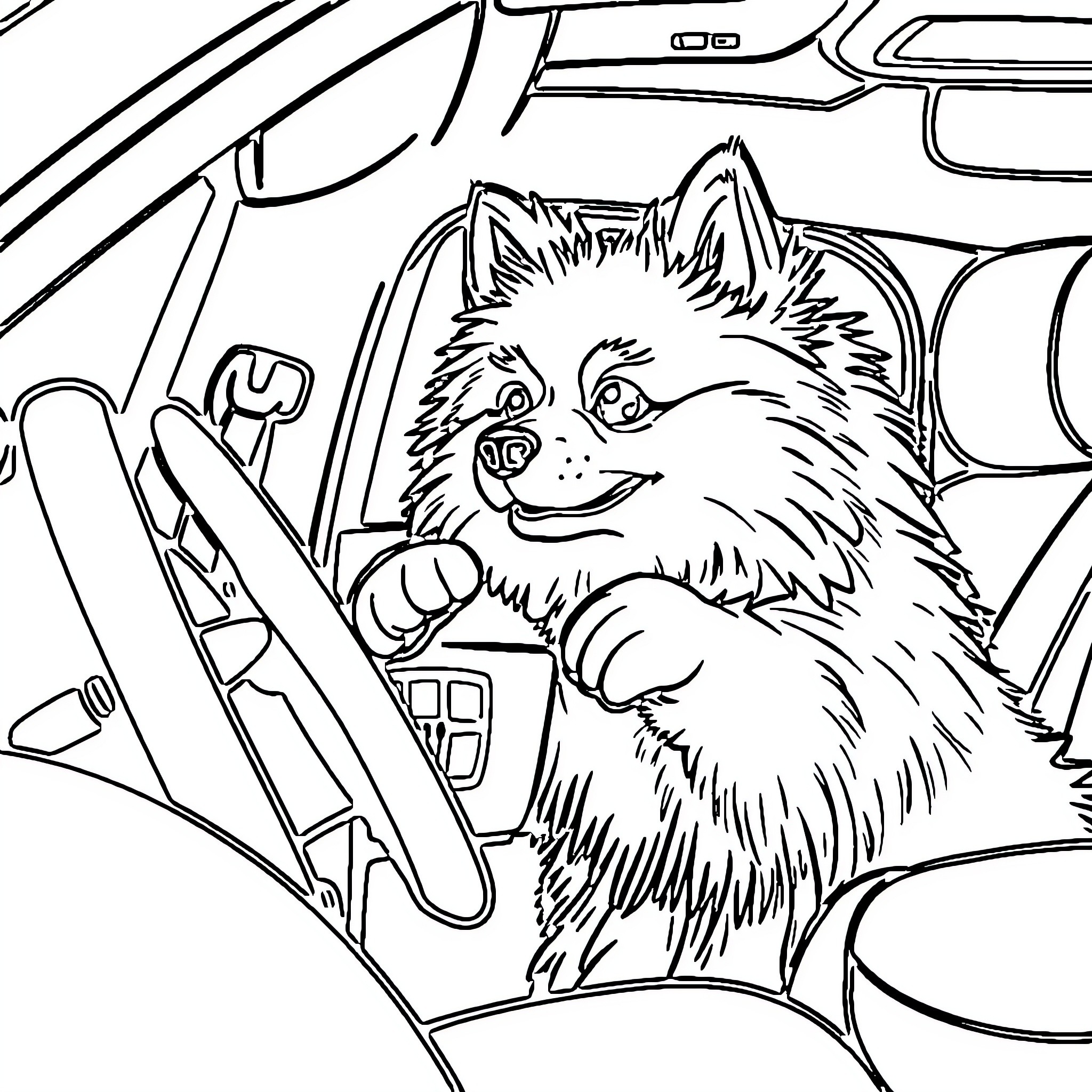 Pomsky enjoying a drive in the car Coloring Page (free black-and-white line drawing printable PDF for all, from beginners to advanced learners, including children, teens, adults, and seniors)